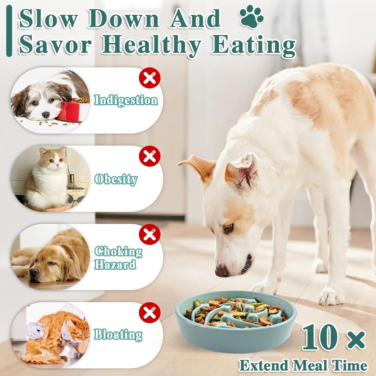 Ceramic Slow Feeder Dog Bowls, 2 Cups Dog Food Dish for Medium and Large Breed, Puzzle Dog Food Bowl for Fast Eater, 28OZ, 8.15 inch(Light Green)