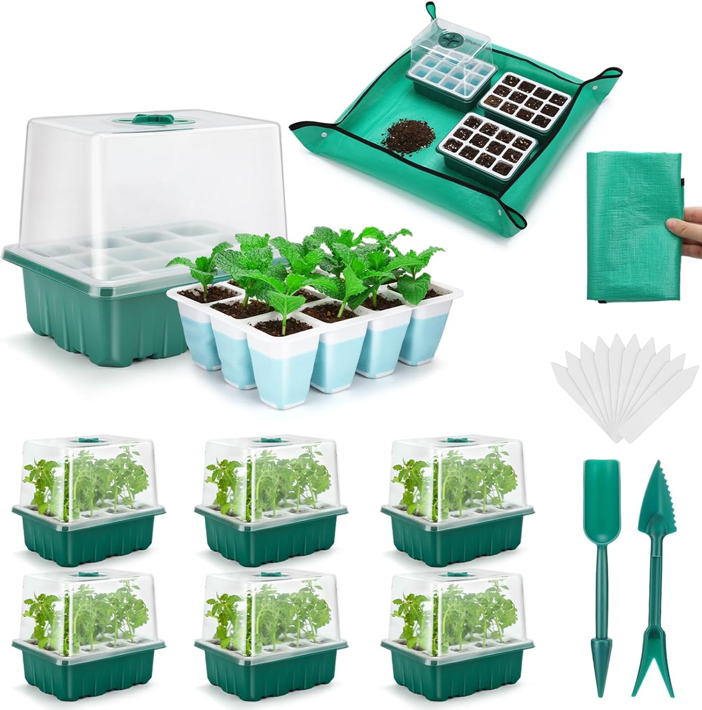 Reusable Seed Starter Tray with 72 Soft Silicone Cells, 6 Pack Seed Starter Kit with Repotting Mat, Humidity Dome and High Lid, Germination Trays for Indoor Greenhouse Seed Starter