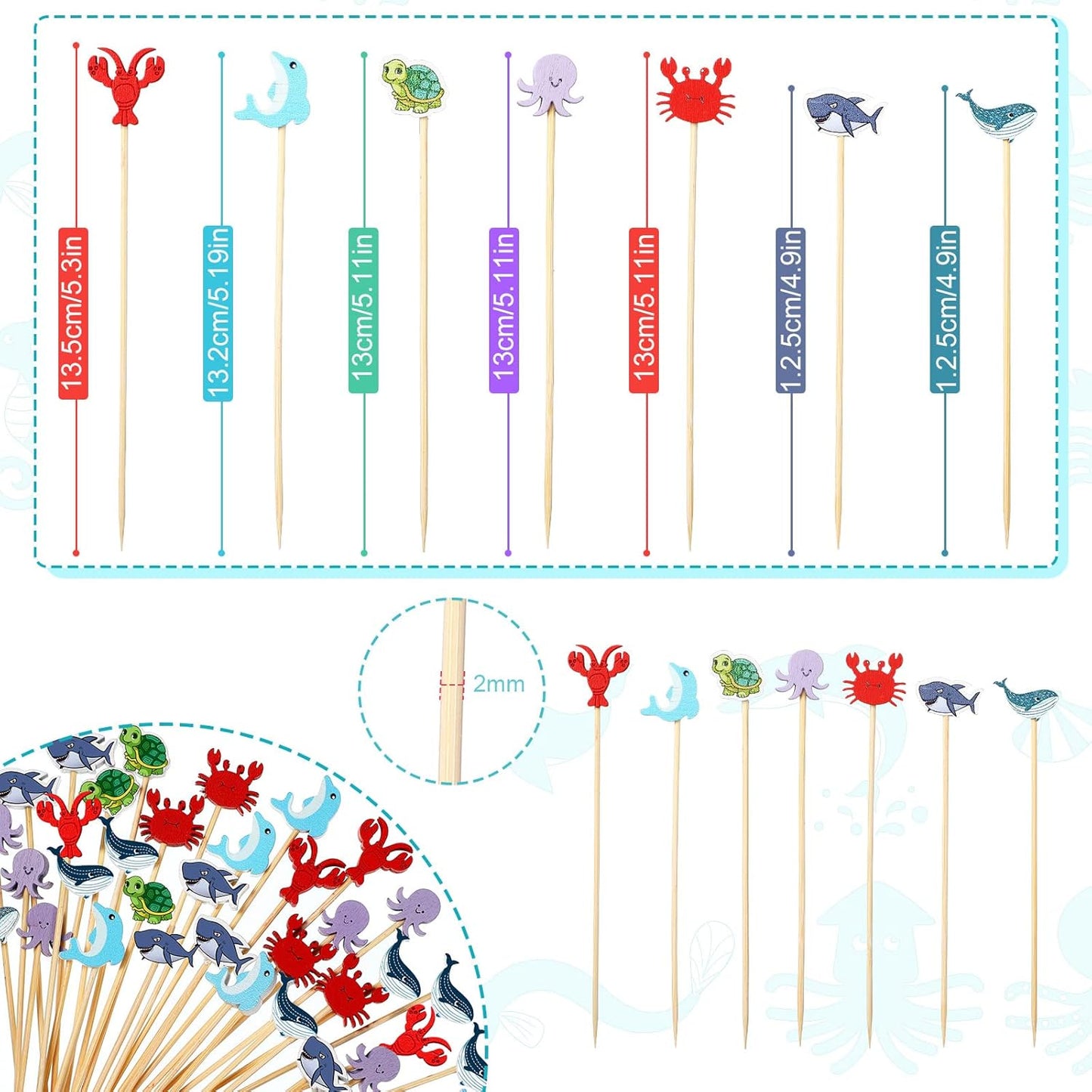 100 Pieces Sea Creature Cocktail Toothpicks Ocean Animals Fish Cocktail Picks Octopus Shark Cupcake Toppers Bamboo Fruit Food Appetizers Picks for Under the Sea Birthday Party Decoration