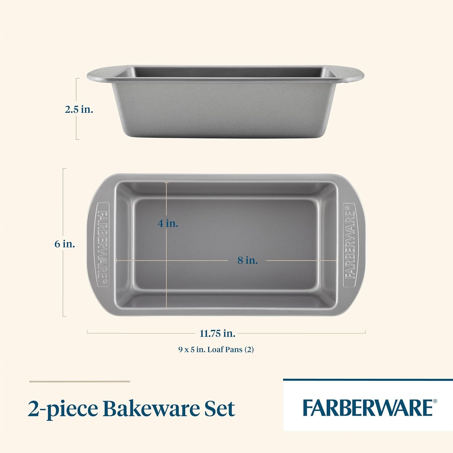 Farberware Bakeware Meatloaf/Nonstick Baking Loaf Pan Set, Two 9-Inch x 5-Inch, Gray
