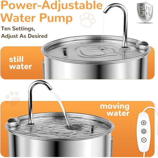 Cat Water Fountain Stainless Steel, 135oz/4L with Adjustable Pump & 3 Flow Modes, Ultra-Quiet Automatic Cat Dog Water Dispenser, Large Capacity Water Fountain for Cats, Dogs, Multiple Pets