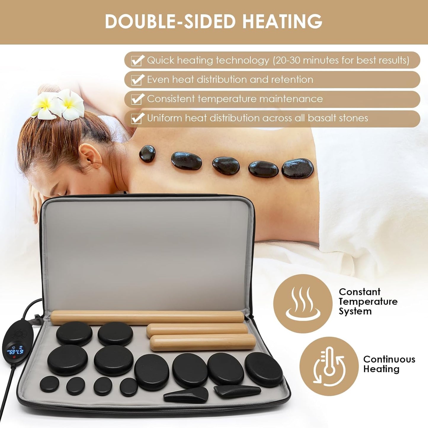 17 Pieces Massage Stones Set with Warmer Kit Hot Rocks Bamboo for Massage,Hot Stones Massage Warmer Kit with Temperature Control and Carry Bag (14 Stones and 3 Sticks)