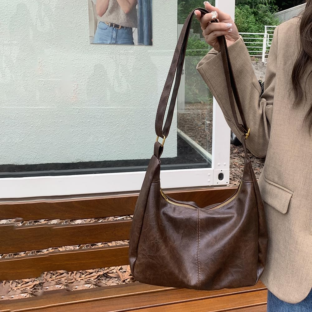 Slouchy Hobo Bags for Women Shoulder Handbag Leather Brown Purse Crossbody Handbag Daily Slouchy Tote Purses