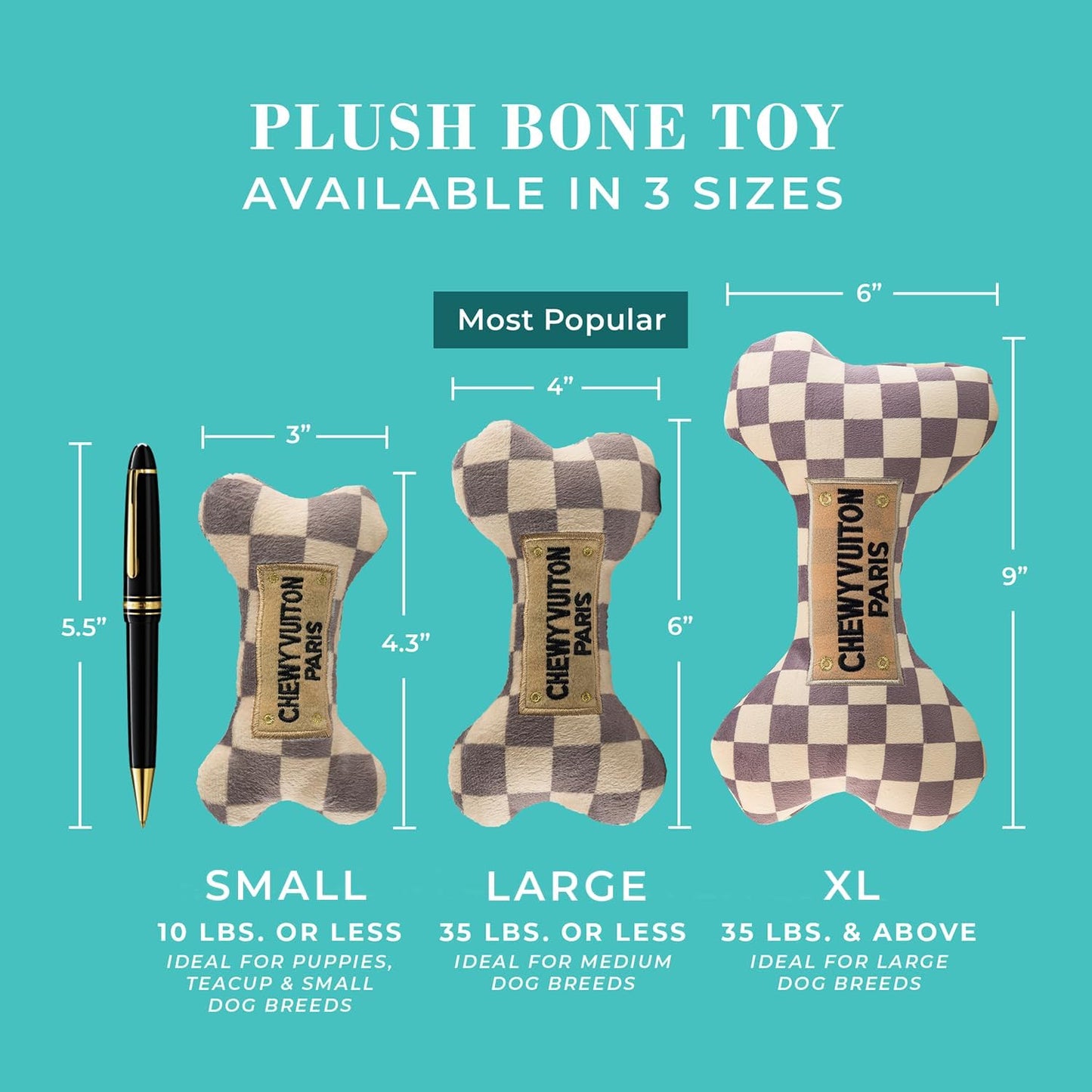 Haute Diggity Dog Checker Chewy Vuiton Bone, Plush Designer Dog Toys with Interactive Squeaker, Stimulating Pet Enrichment, Machine-Washable & Safe Materials for All Breeds, Size Large