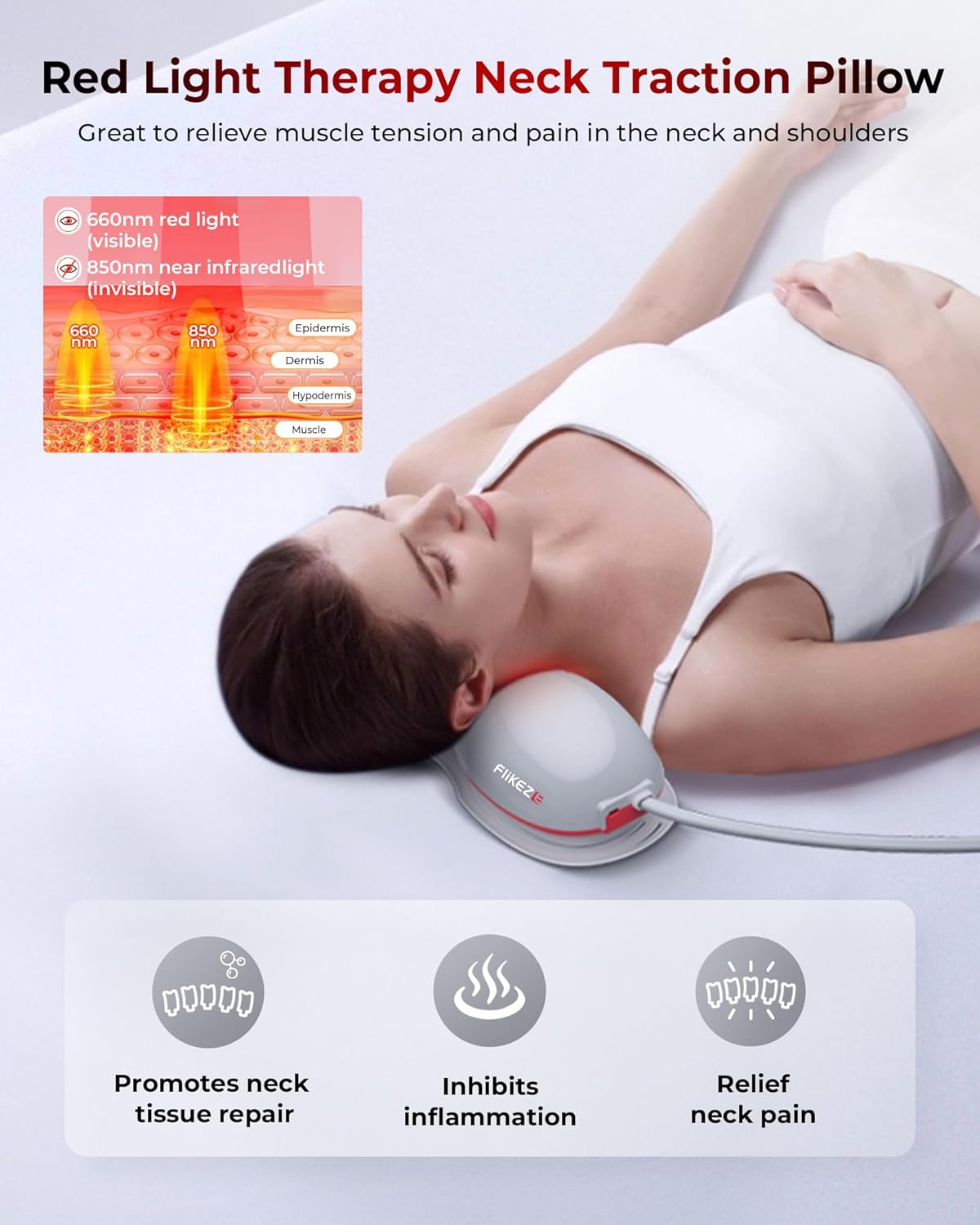 Heated Neck Stretcher with Red Light Therapy, Wireless Cervical Traction Device for TMJ Pain Relief and Shoulder Relaxer, Neck Traction Massager Pillow for Home/Office Used, Grey