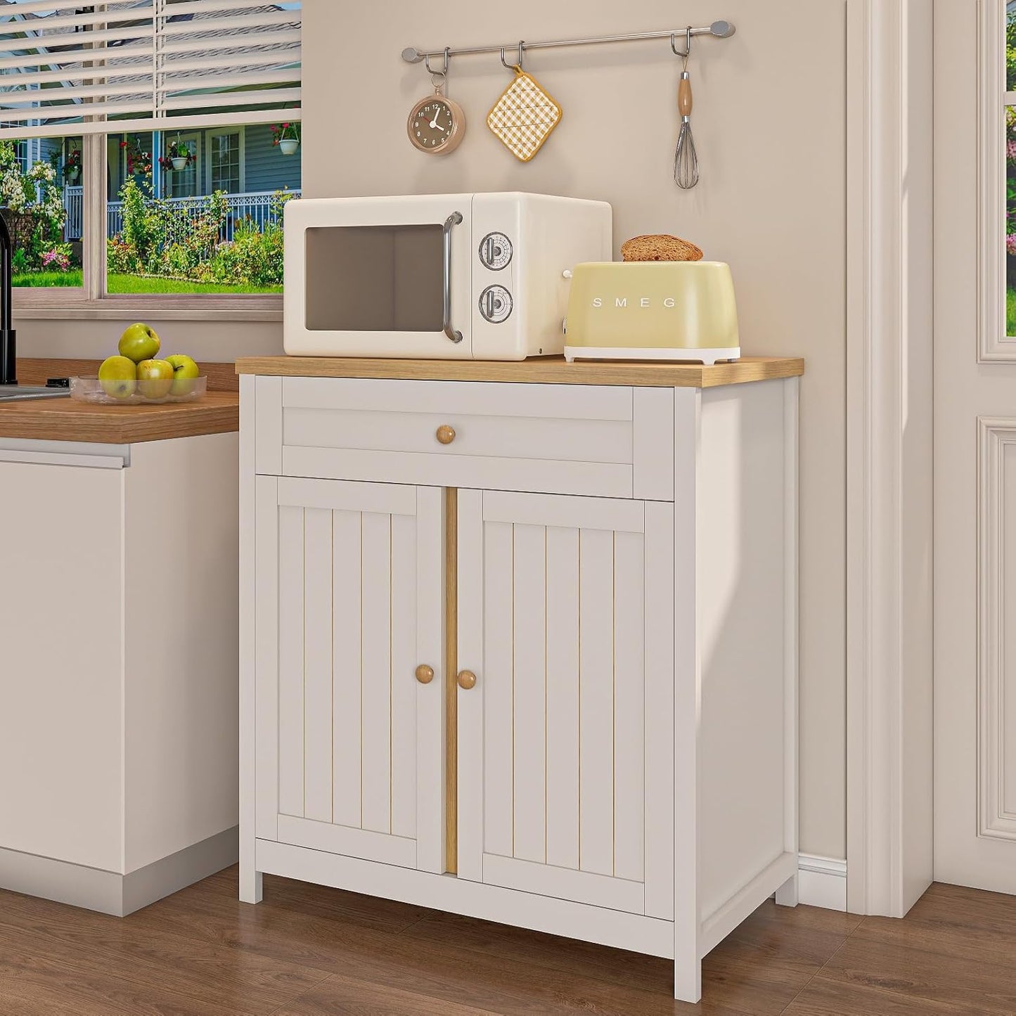 Storage Cabinet,Coffee Bar Cabinet, Kitchen Storage Cabinet, Modern Farmhouse Buffet Sideboard with Drawer, for Kitchen, Dining Room, Entryway（White）
