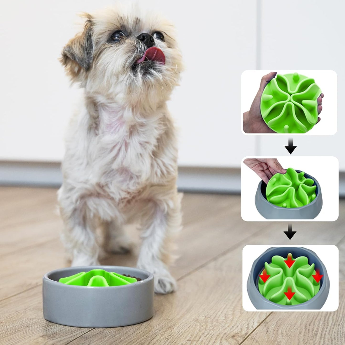 Slow Feeder Dog Bowls Insert, Silicone Slow Feeder Bowl with Strong Suction Cups Perfect for Stainless Steel Glass Ceramic Bowls (Green, Large Size)