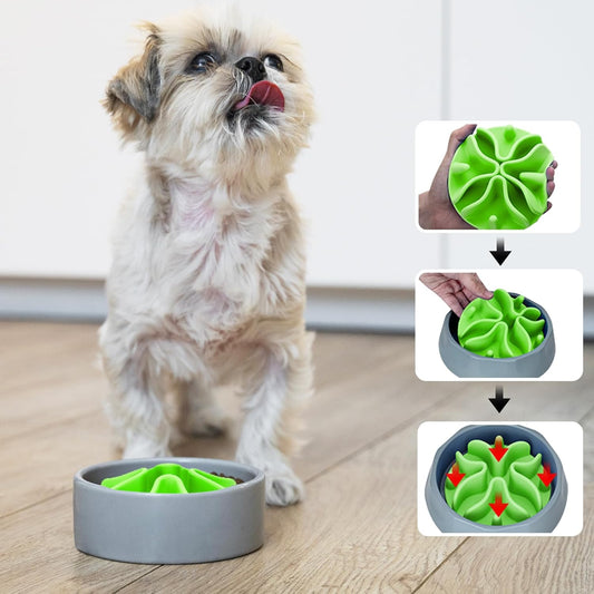 Slow Feeder Dog Bowls Insert, Silicone Slow Feeder Bowl with Strong Suction Cups Perfect for Stainless Steel Glass Ceramic Bowls (Green, Large Size)