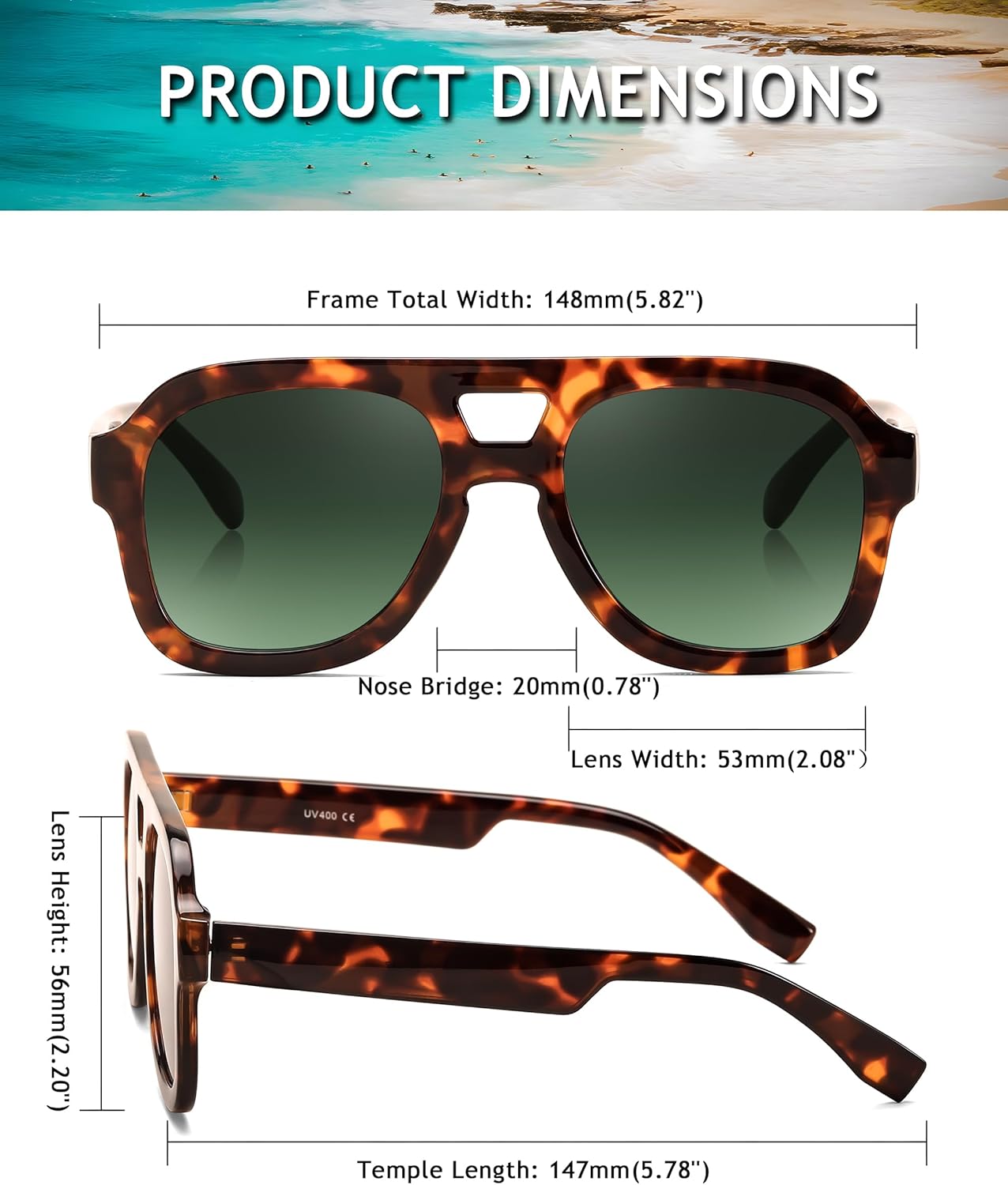 FEISEDY Vintage Aviator Sunglasses Double Bridge Women Men Large Square Thick Frame Trendy Eyewear UV400 B2846