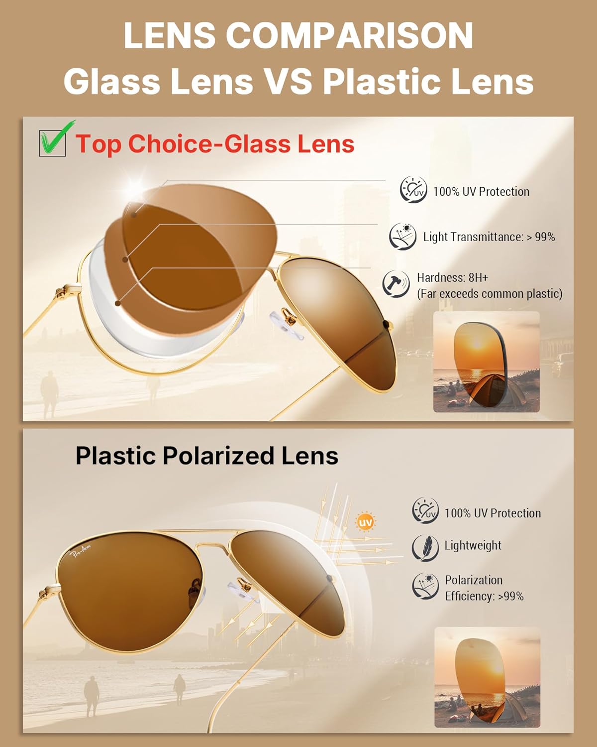 Pro Acme Classic Aviator Sunglasses for Women & Men Glass Lens Metal Frame UV400 Driver Sunglasses