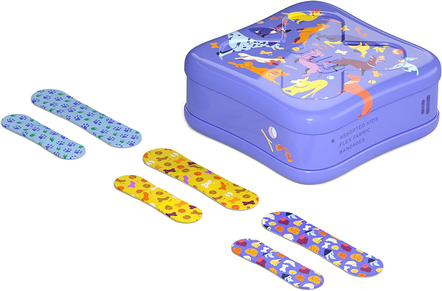 Welly Bandages | Adhesive Flexible Fabric Bravery Badges | Assorted Shapes for Minor Cuts, Scrapes, and Wounds | Colorful and Fun First Aid Tin | Dogs Patterns - 48 Count