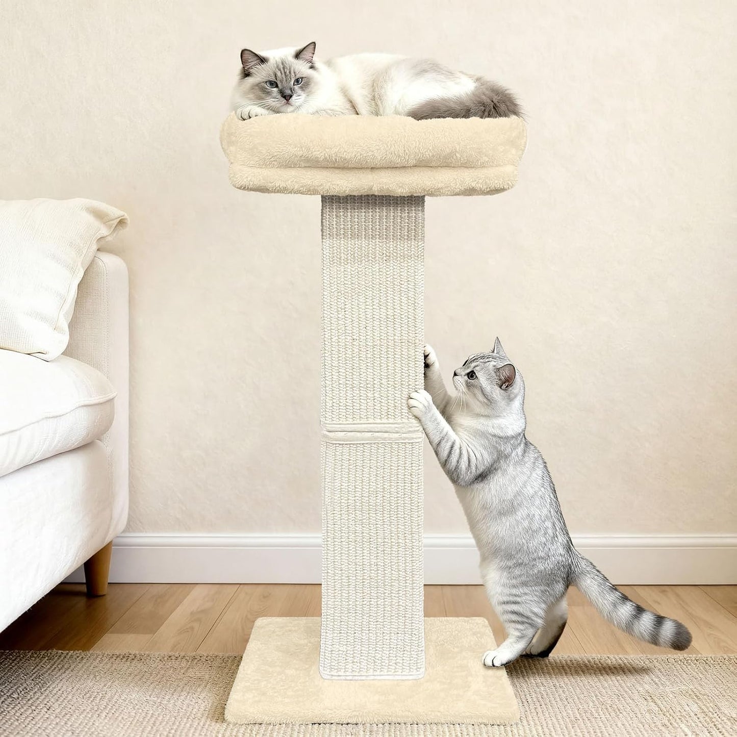 AGYM Cat Scratching Post, 32”Cat Scratcher with Large Plush Perch, Sisal & Carpet Scratching Post, Vertical Posts with Elevated Bed for Indoor Cats, Removable& Washable Cover, Beige
