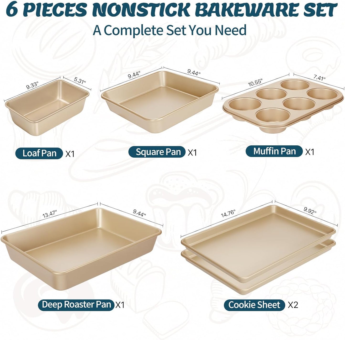 Baking Pans Set, Nonstick Stackable Bakeware Sets, Oven Pans for Cooking, AIVIKI 6 Pieces Baking Sheets Set Including Cookie Sheet, Deep Roaster Pan, Square Pan, Loaf Pan, Muffin Pan, Carbon Steel
