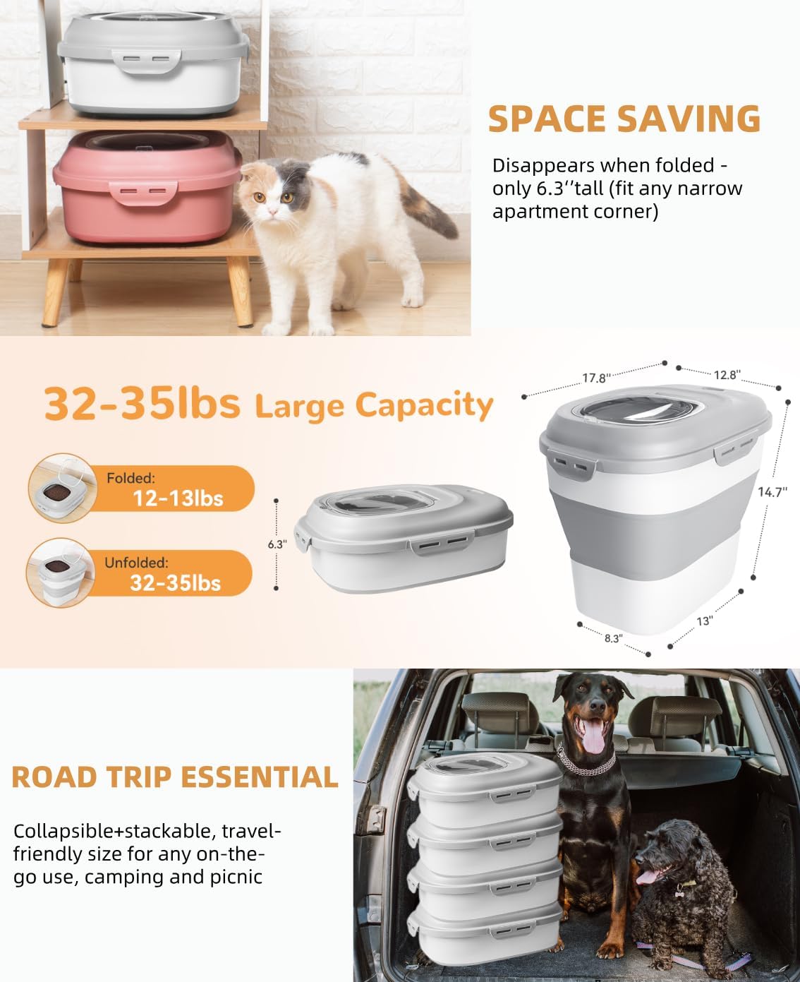 30-35 Lbs Dog Food Storage Container Collapsible Dog Food Container with Airtight Lids, Wheels, Scoop and 2pcs Food Storage Containers, Large Pet food storage for Dog, Cat