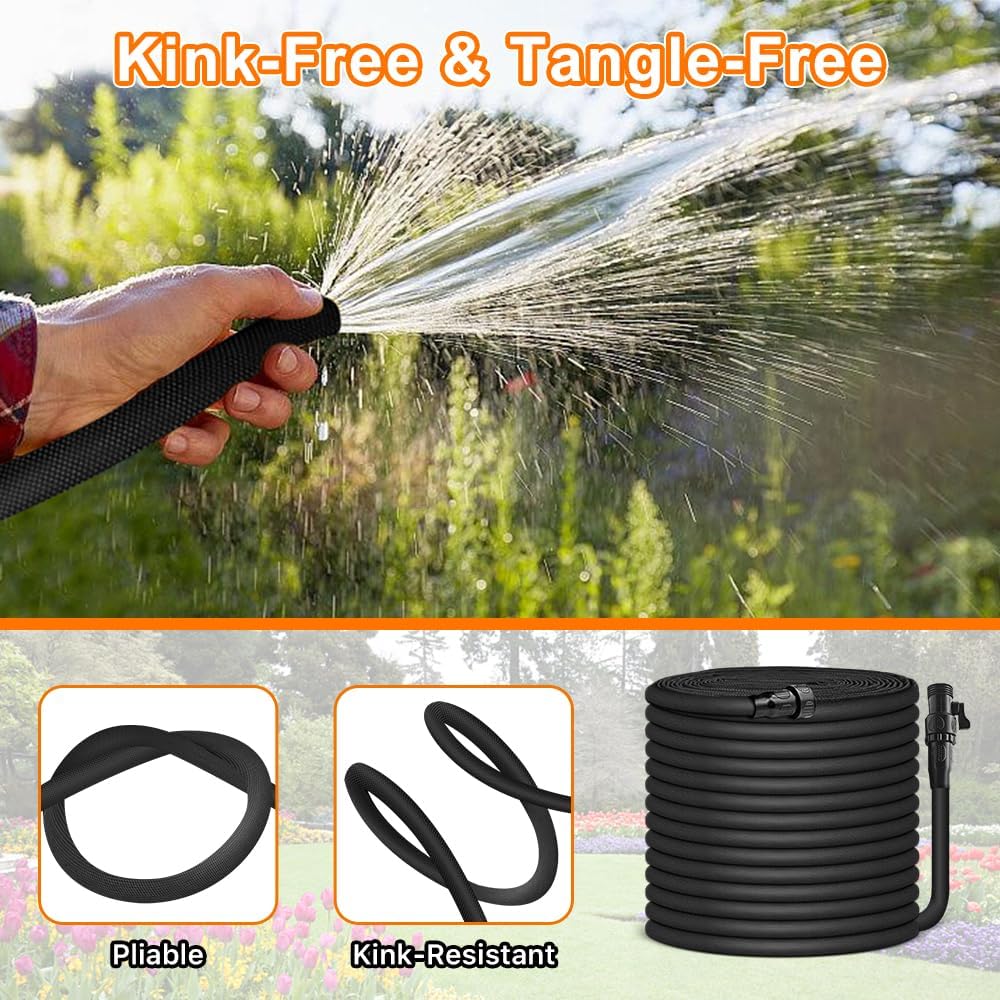 Garden Hose 75ft, Pliable lightweight Water Hose with Triple Layer 3/4" Fittings Ergonomic Grip Indoor & Outdoor Use Gift for Lawn Car Watering Plants Black