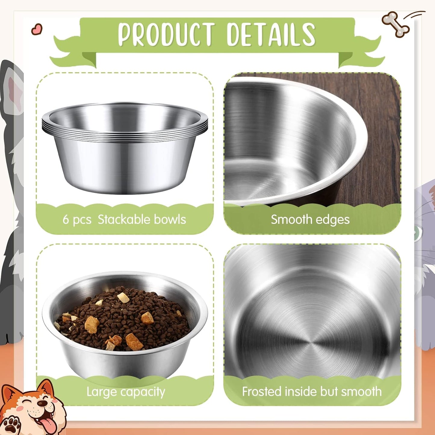 Yahenda 6 Pcs Stainless Steel Metal Dog Bowls Bulk Replacement Basic Thickened Pet Bowls for Small Medium Large Dogs, Dishwasher Safe(6.9 Inch)