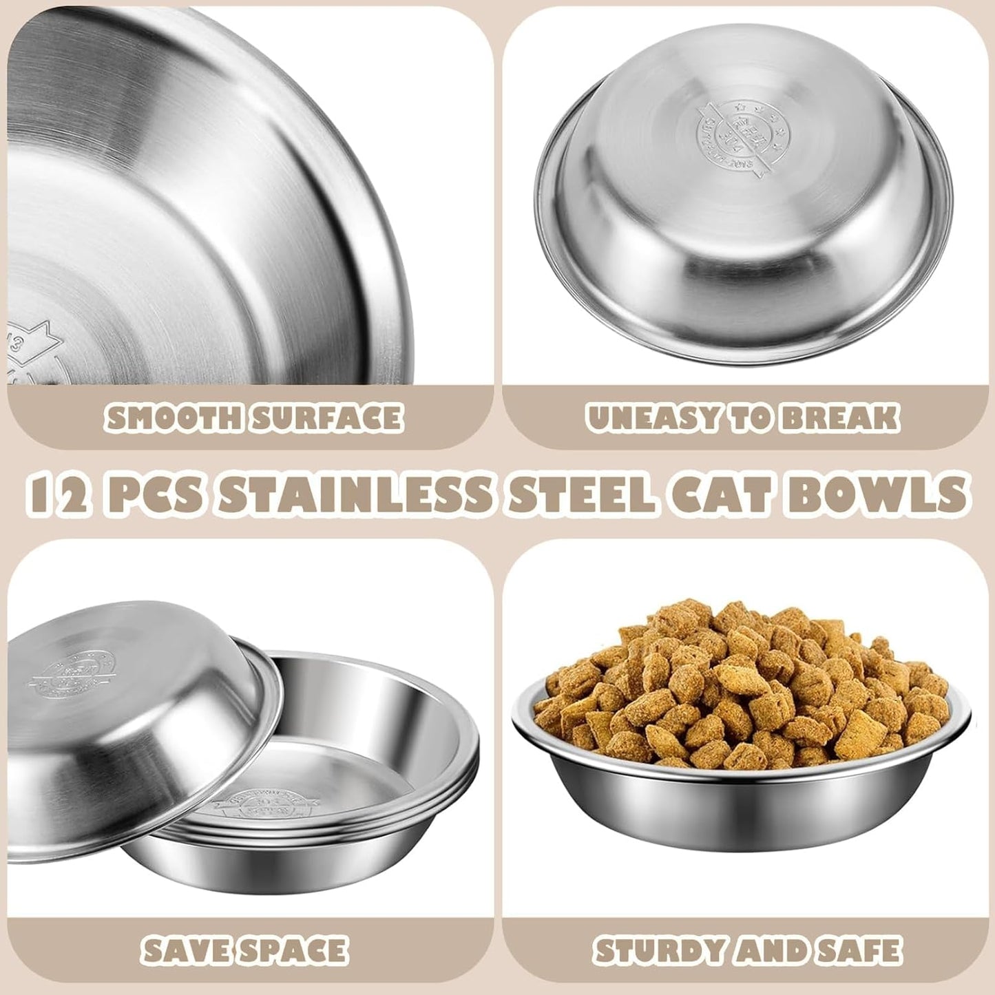 12pcs Metal Cat Bowls, 5.5in Stainless Steel, Shallow Wide Food Dishes, Relief Pet Bowls for Elevated Stand, Dishwasher Safe
