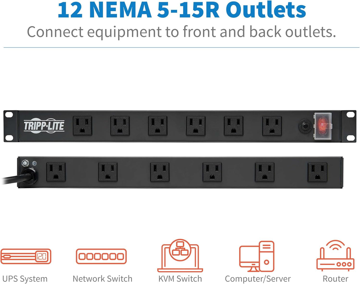 Tripp Lite 12-Outlet Rack Mount Power Strip PDU, Six Front & Six Rear Facing Outlets, 15A, 120V, 15ft Cord with Right-Angle Plug, Horizontal 1U Rack Mount, Black