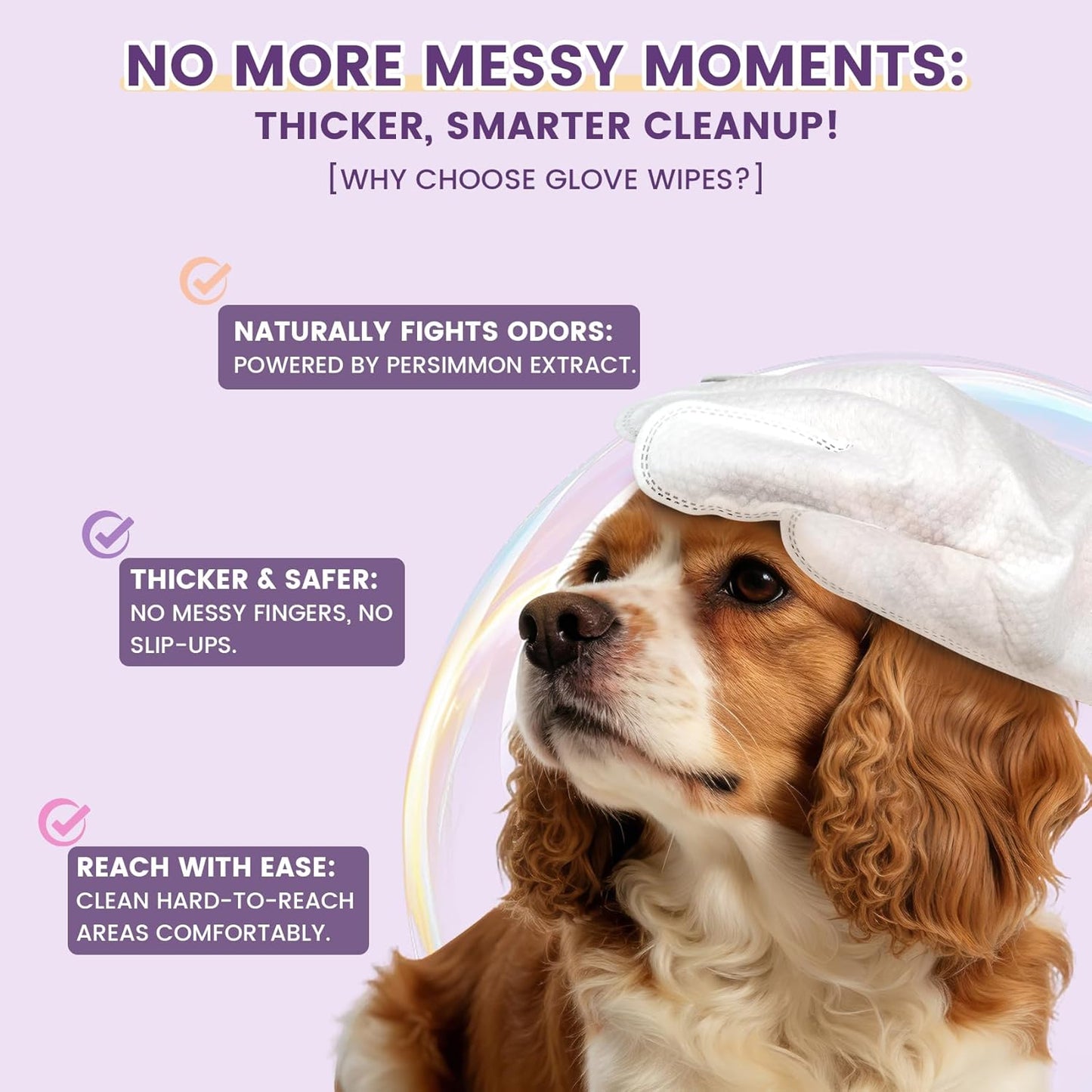 50 Pcs Cleaning Deodorizing Pet Glove Wipes for Dogs & Cats, Hypoallergenic Dog Bath Wipes with Natural Deodorizer Persimmon Tannin, Pet Bathing Wipes for Horse Coat Care Lavender Scent