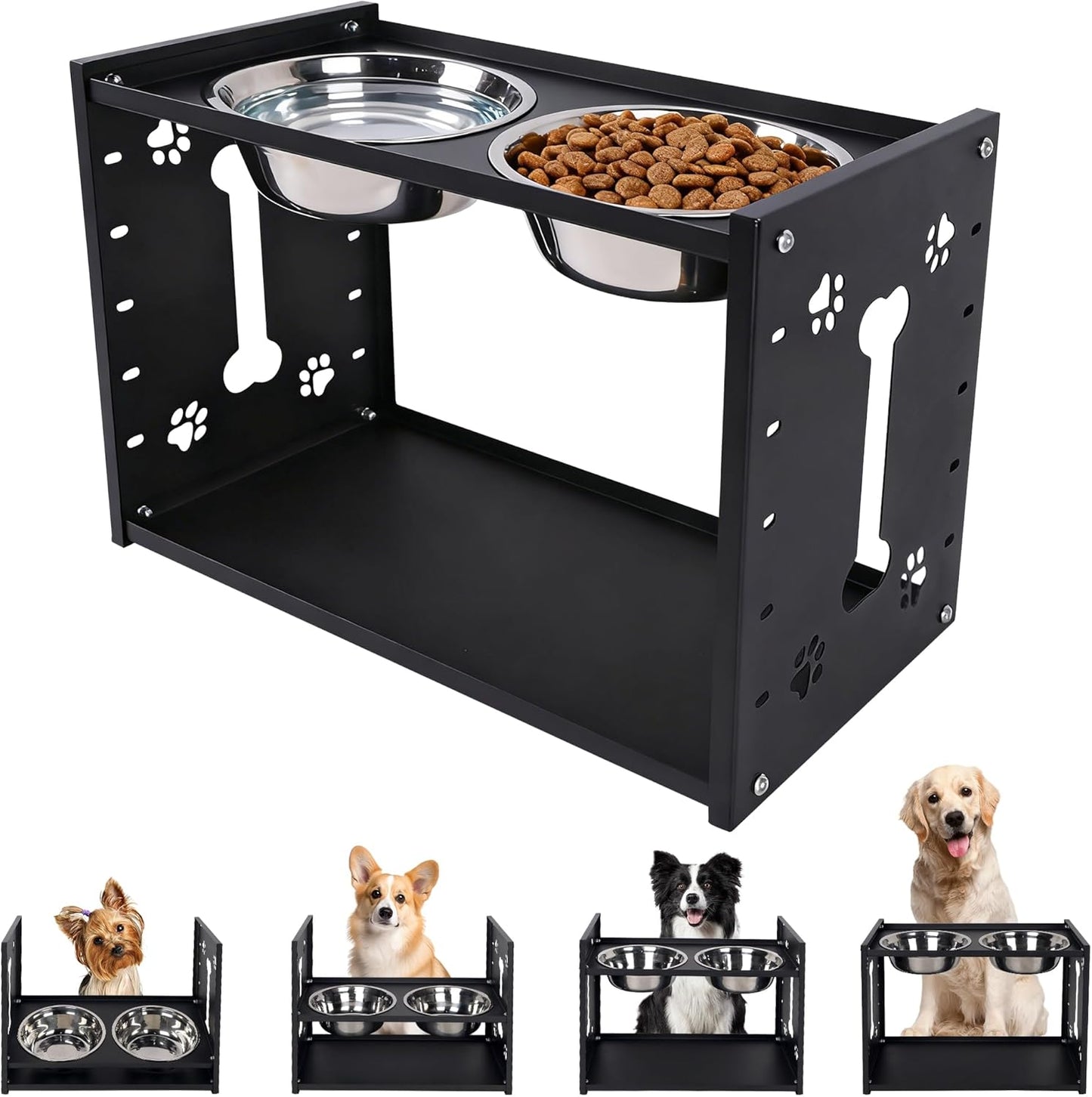 FORUP All-Metal Elevated Dog Bowls, Heavy Duty Cold-Rolled Steel Frame, 6-Height Adjustable Raised Feeder Stand with 2 Stainless Steel Bowls, Anti-Slip Rubber Feet for All Breeds (2.5"-12.2")