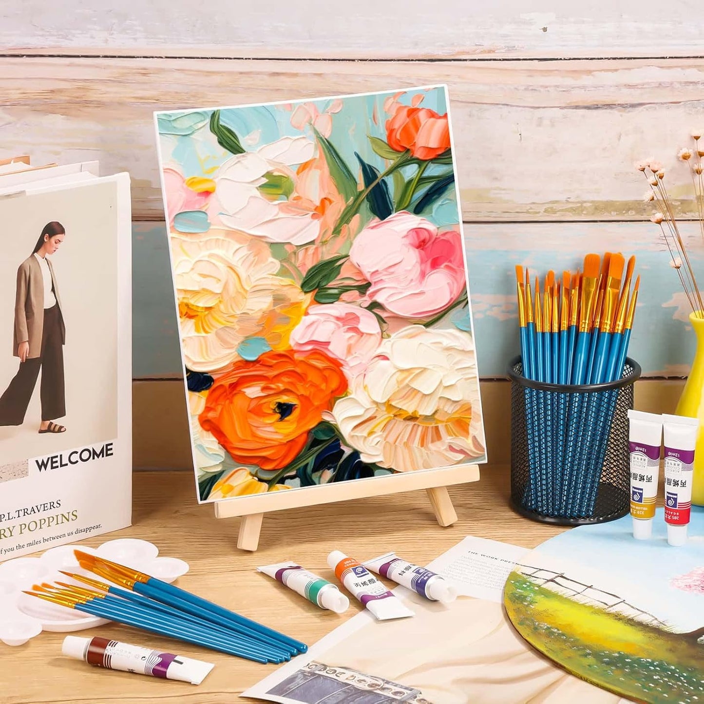 54 Pack Canvas with Easel Set 8 x 10 Inch Canvas Boards with Wooden Easels, Paint Brushes Canvas Panel Painting Kit for Acrylic Oil Watercolor Beginners Art Crafts Sip and Paint Party