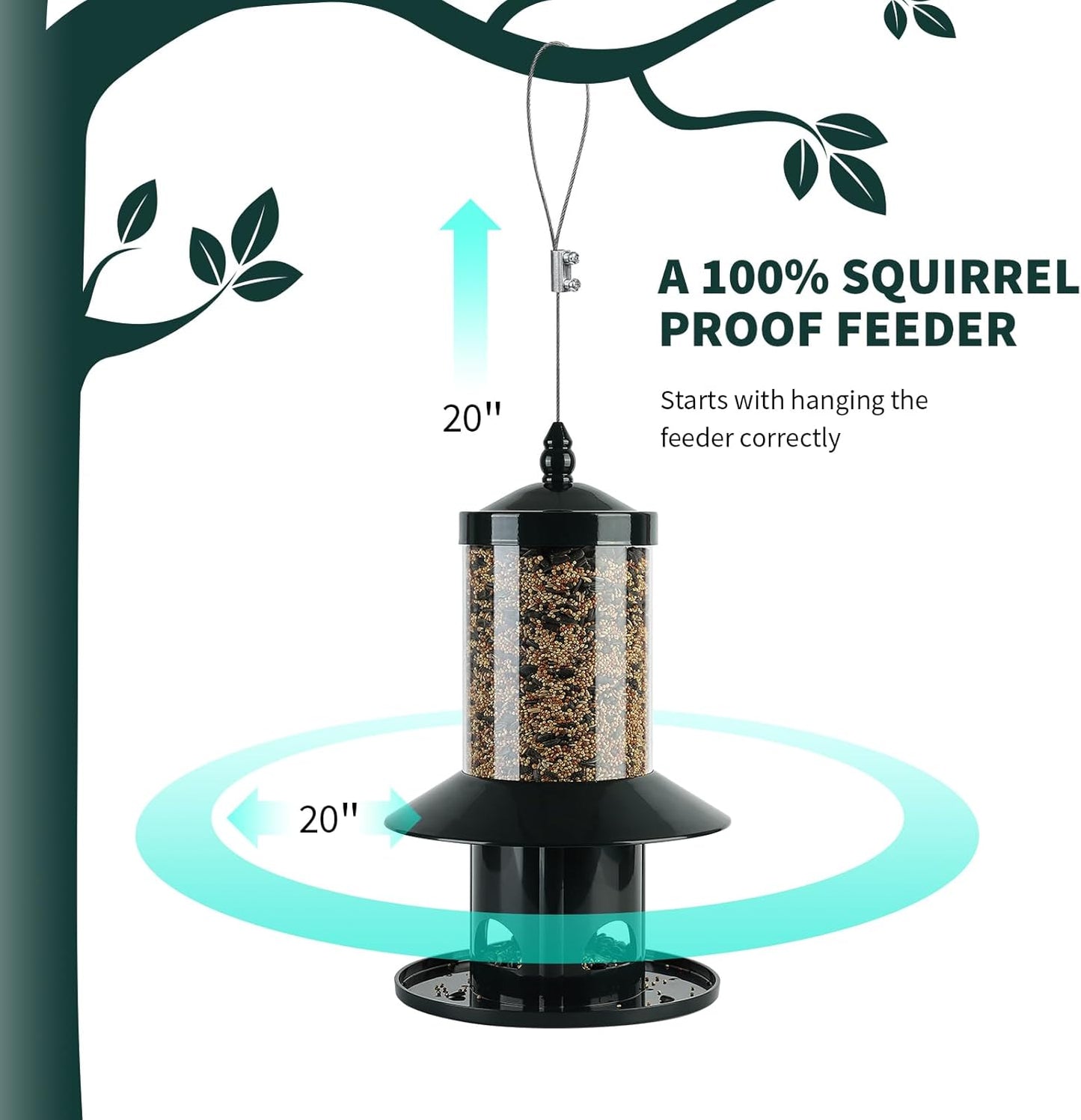 Squirrel Proof Bird Feeder - 360° Feeding Perch Tray for Outdoor Hanging Wild Bird Seeds, Dark Green.