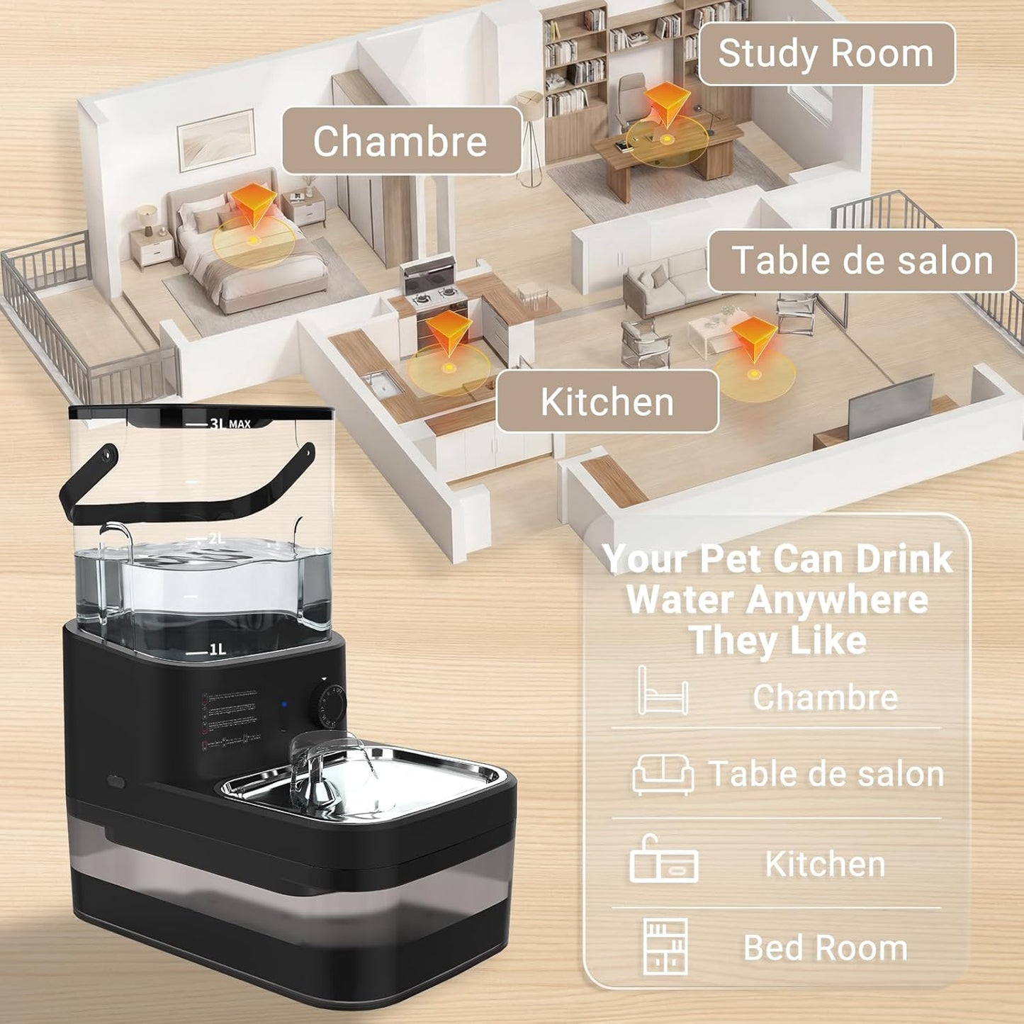 Filterless Cat Water Fountain 3L, Wireless Motion Sensor Cat Water Fountain with 4000mAh Battery, Stainless Steel Cat Bowls, Water Fountain Separate Tanks, Quiet – Black