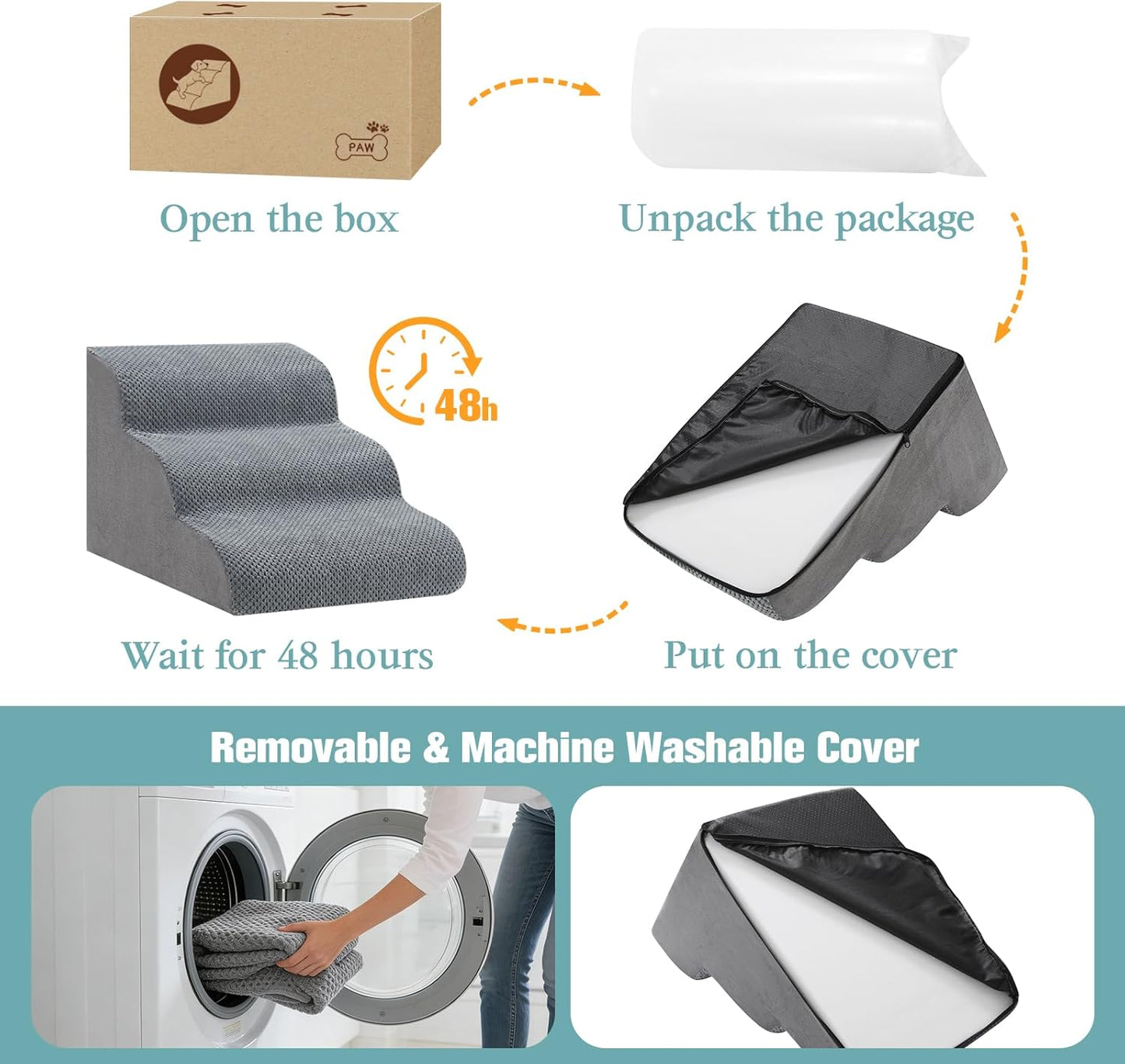 Dog Stairs for Small Dogs, 3-Step Dog Steps for Couch Sofa and Chairs, High-Density Foam Pet Steps Ramp with Removable Washable Cover for Older Injured Puppy Dogs and Cats, 13.78" H, Grey