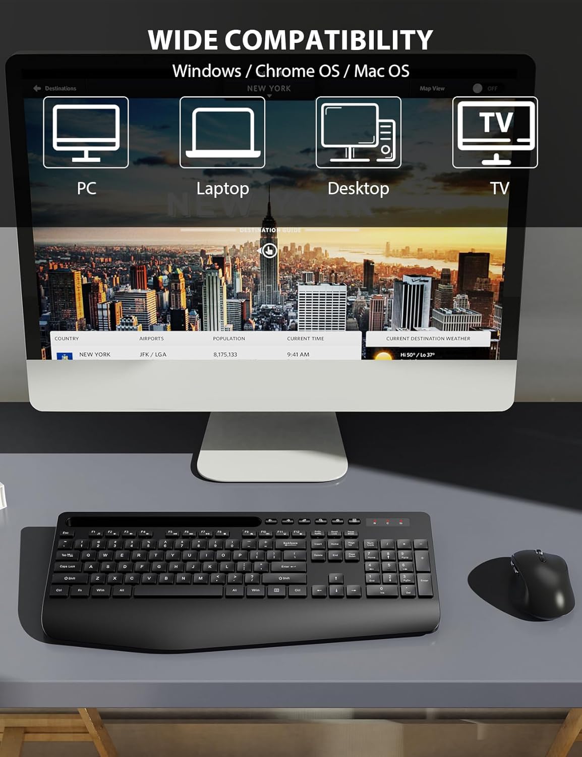 Wireless Keyboard and Mouse Combo - Full-Sized Ergonomic Keyboard with Wrist Rest, Phone Holder, Sleep Mode, 2.4G Quiet Keyboard for PC Laptop, Complete Work Setup for Office or Home -Trueque KM23