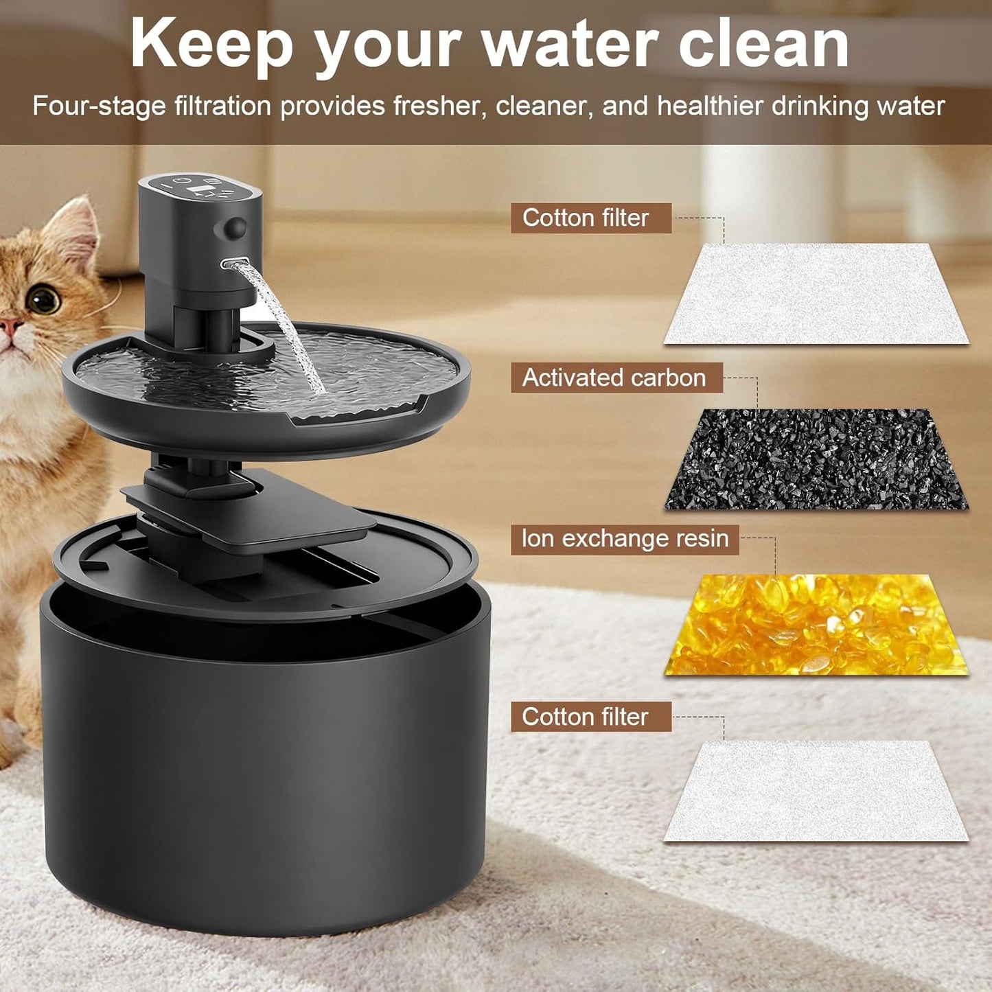 Automatic Ceramic Cat Water Fountain, 2.3L Cordless Pet Water Dispenser with Temperature & Water Level Display, 3 Drinking Modes,Ultra-Quiet Pump, for Cats, Dogs, Multiple Pets (Black)