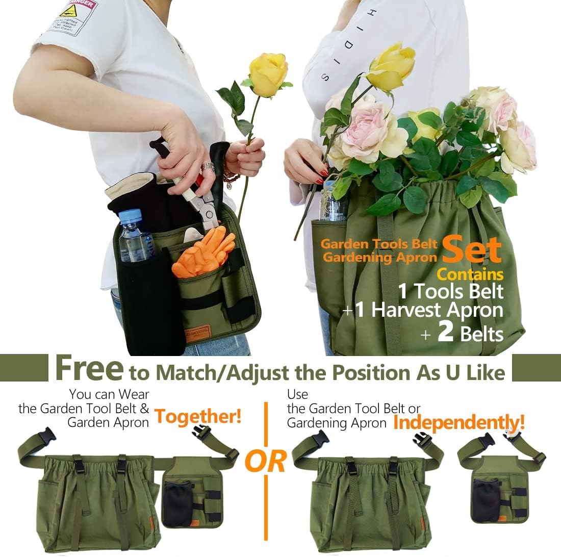 Gardening Apron Garden Tool Belt Set for Women with Pockets - Practical Gardening Belt Garden Aprons for Women, Perfect Gardening Gifts for Women, Best Mother’s Day Gift for Mom and Wife