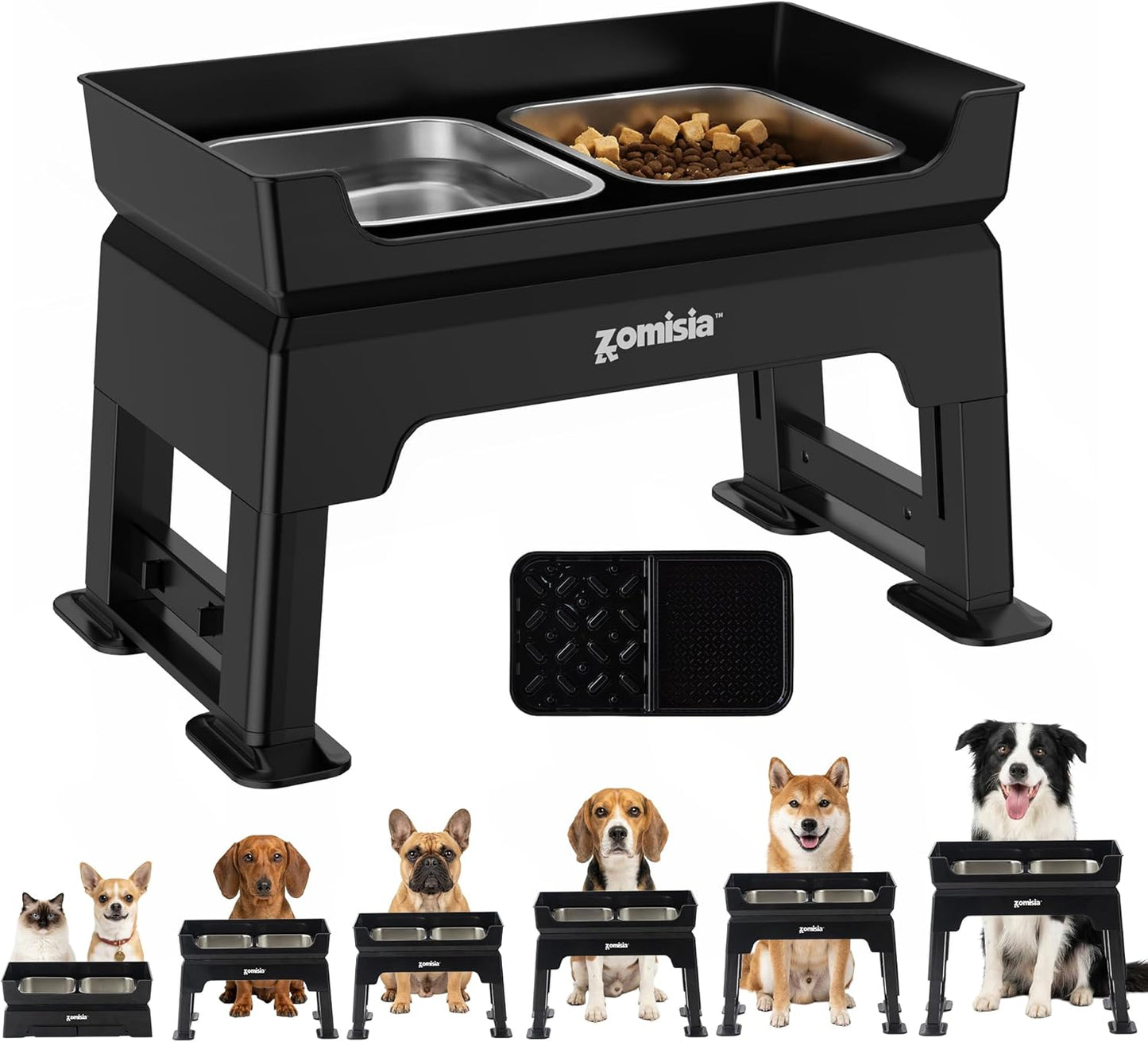 3-in-1 Raised Dog Bowl - 6 Height Adjustable Elevated Dog Bowls Stand, Double Deck Design Mess Proof, Feeding Station with 2 Stainless Steel Bowls & Licking Plate for Small Medium Large Pets