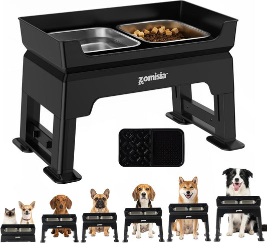 3-in-1 Raised Dog Bowl - 6 Height Adjustable Elevated Dog Bowls Stand, Double Deck Design Mess Proof, Feeding Station with 2 Stainless Steel Bowls & Licking Plate for Small Medium Large Pets