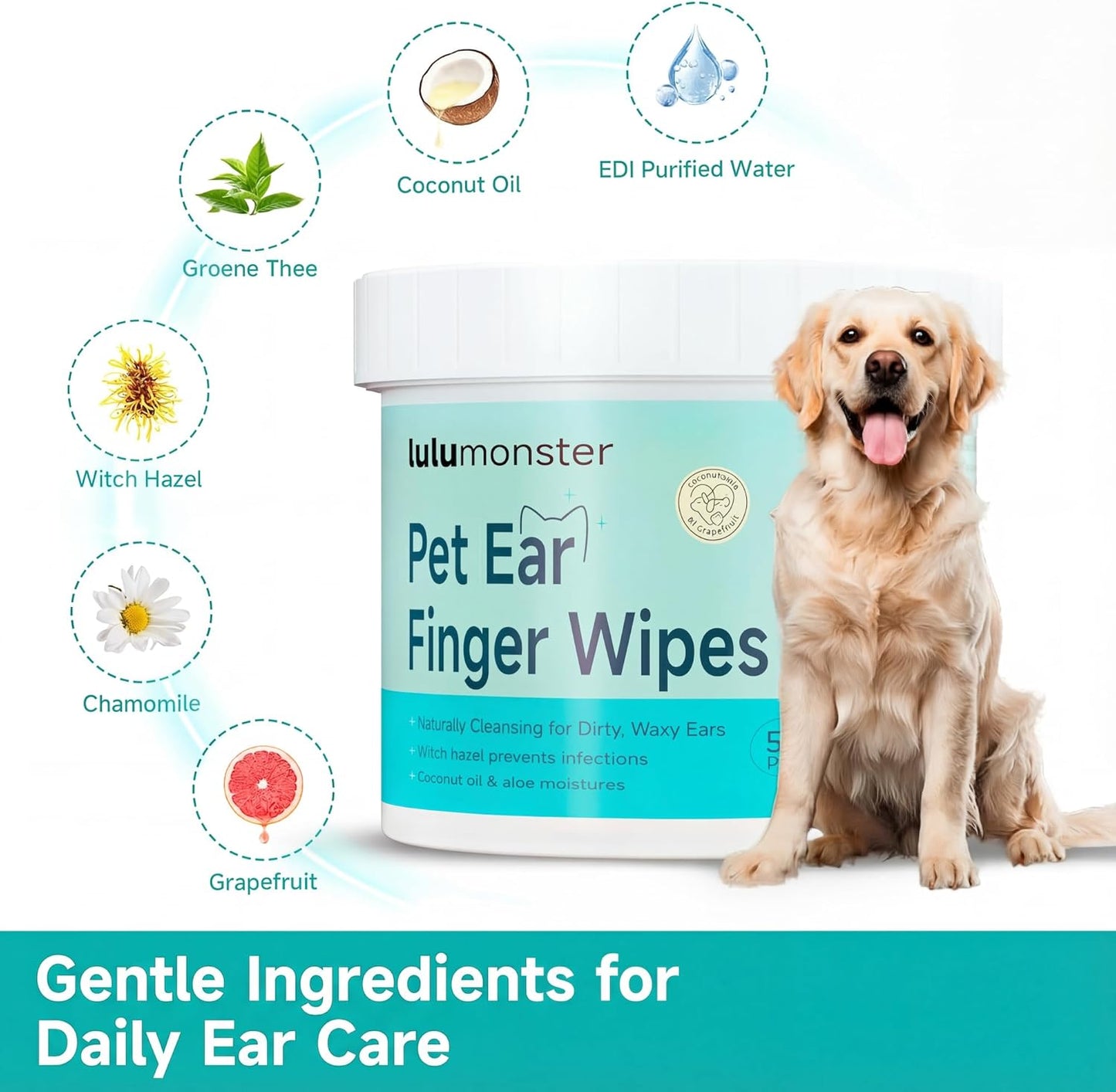 Dog Ear Wipes Finger Pads – Ear Cleaner Finger Wipes for Dogs & Cats, Remove Ear Wax & Odor, Gentle & Unscented