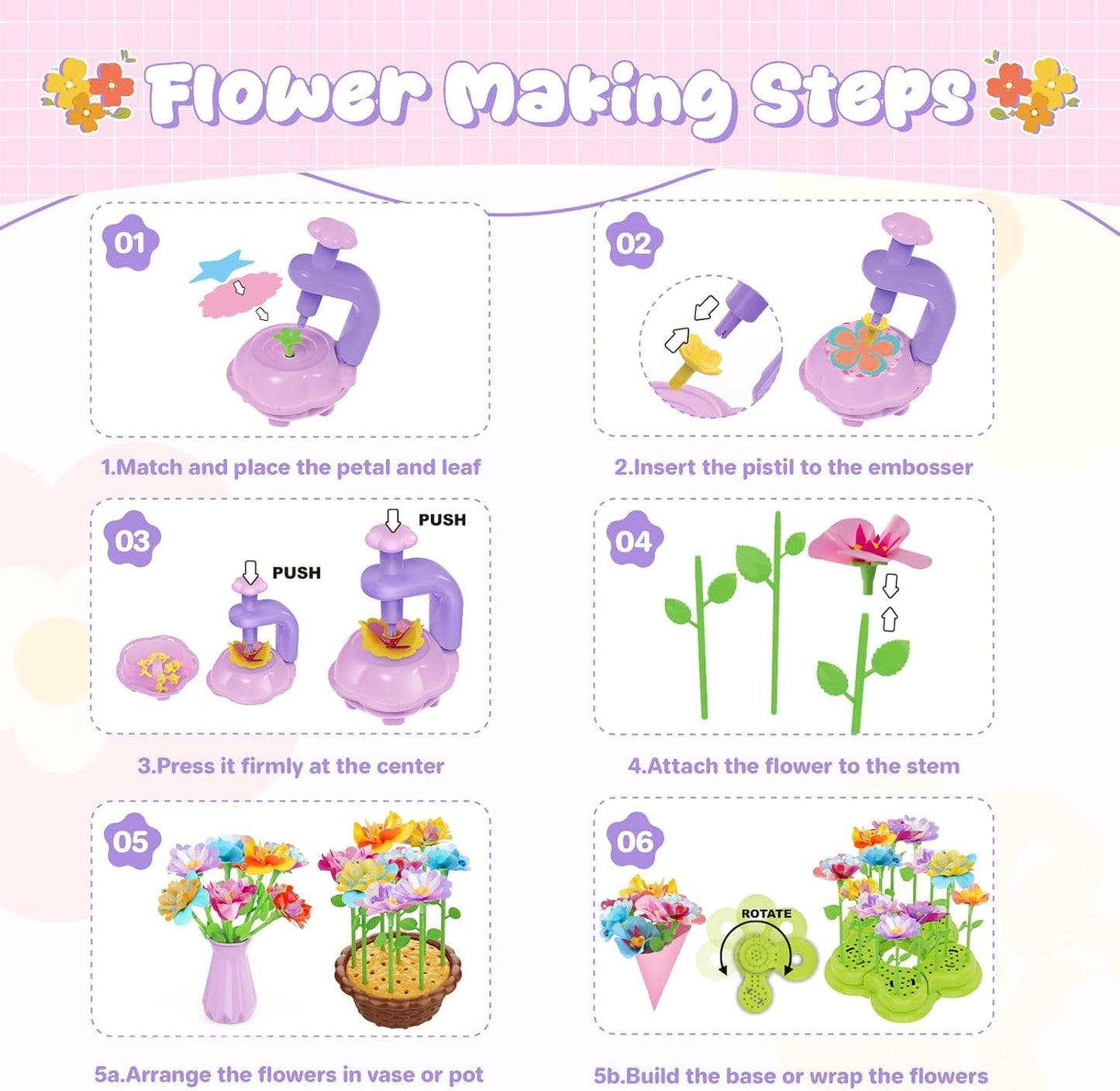 Zappyway Fabric Flower Bouquets Toys - Creative DIY Crafts for Girls Ages 4-8, Unique Floral Market Toy, Inspiring Arts & Crafts Educational Set, Perfect for Preschool Learning and Birthday Gifts