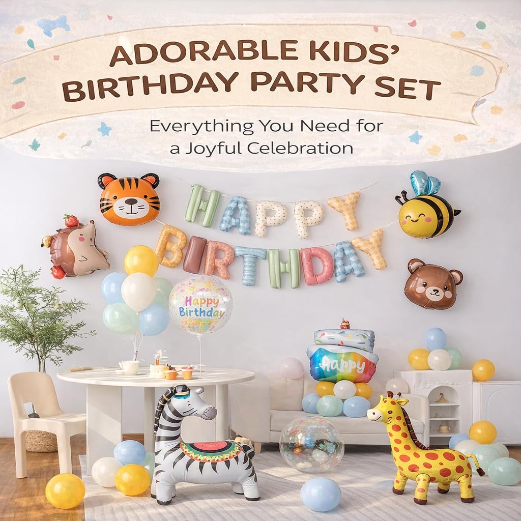 Animals Happy Birthday Foil Balloon Decorations Kit for Kids Birthday, Jungle Zoo Theme Zebra Giraffe Tiger All-In-One Party Supplies with Birthday Banner (Animal Birthday Set)