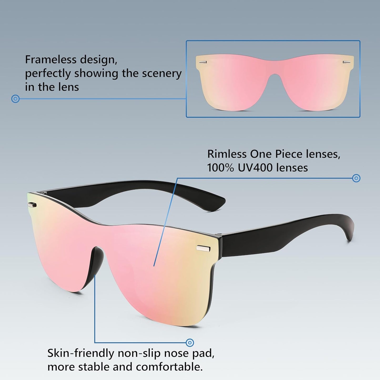 FEISEDY Trendy Rimless Mirrored One Piece Lens Sunglasses Reflective Sun Glasses B4114