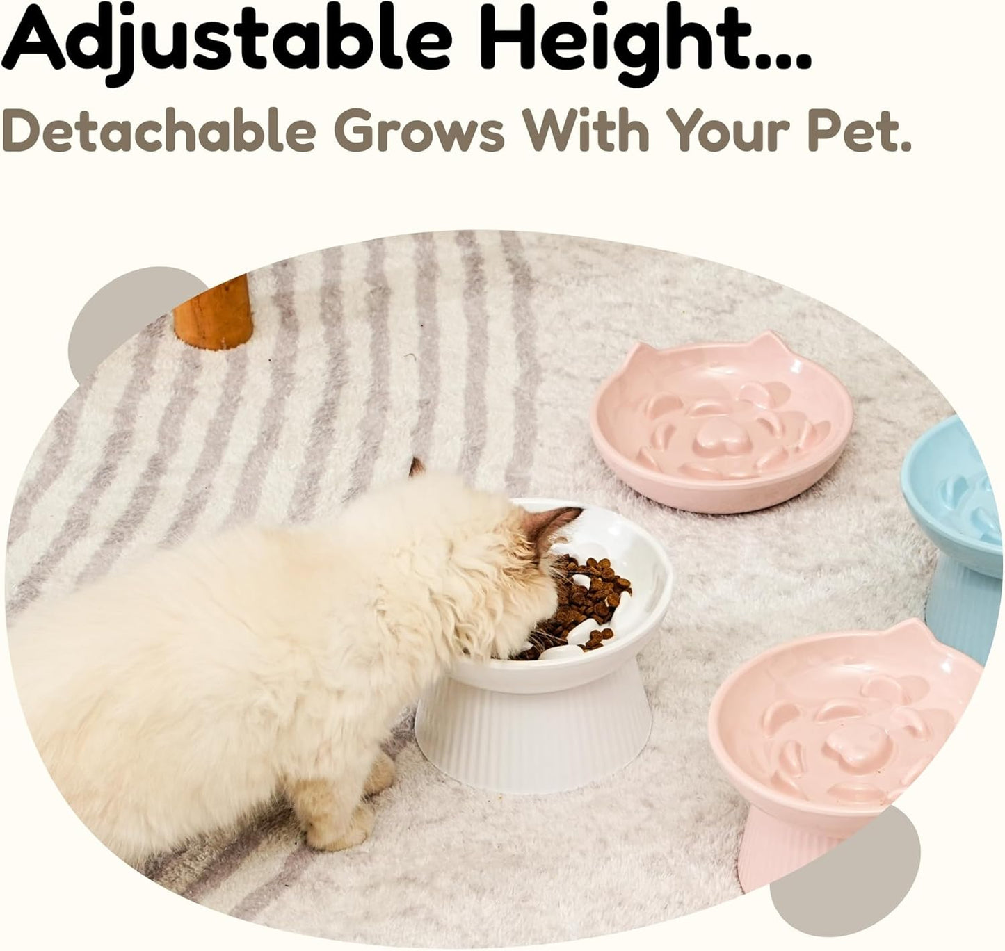 Unbreakable Raised Slow Feeder Bowl for Cats and Small Dogs, Elevated Cat Bowls, Detachable Slow Feede Bowl, Heavy Weighted, Non-Slip Feeder, Dry & Wet Food, Whisker Friendly Flat Plates (White