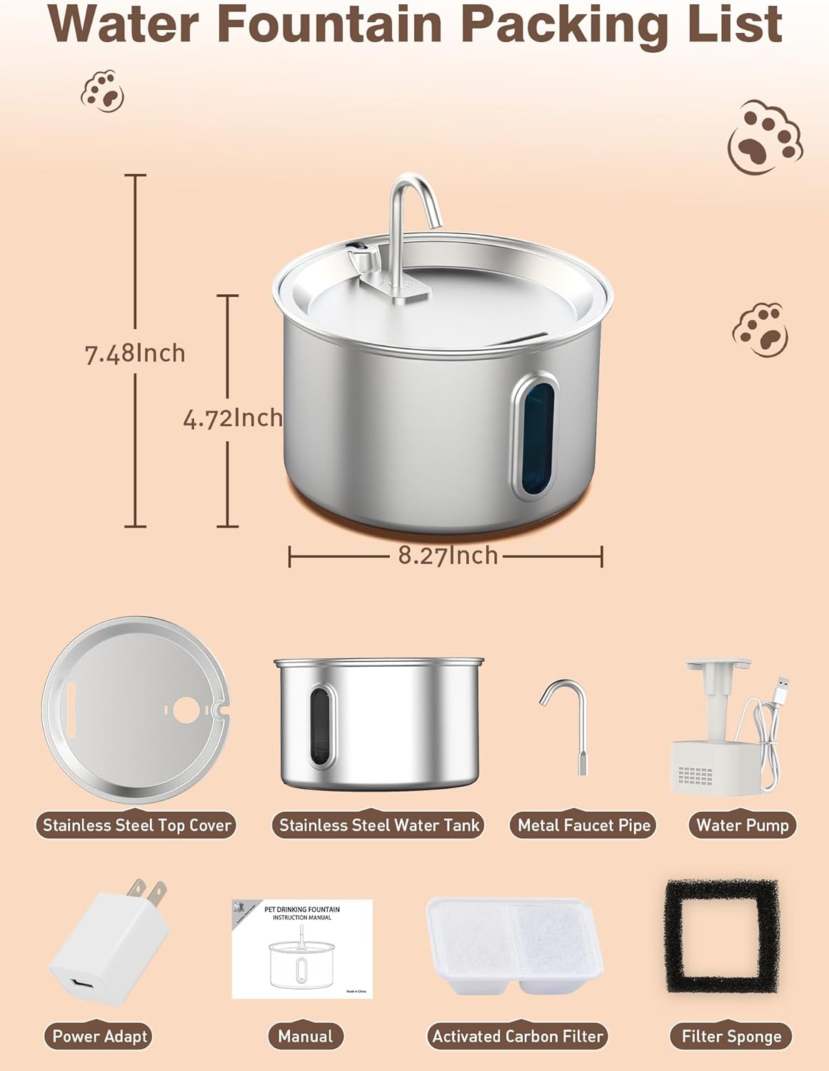 Stainless Steel Cat Water Fountain, 3.2L/108oz Quiet Automatic Cat Water Dispenser, Indoor Pet Spout, Dog Drinking Bowl with 1x Filter & 1x Sponge for Cats/Dogs/Multiple Pets - Silver
