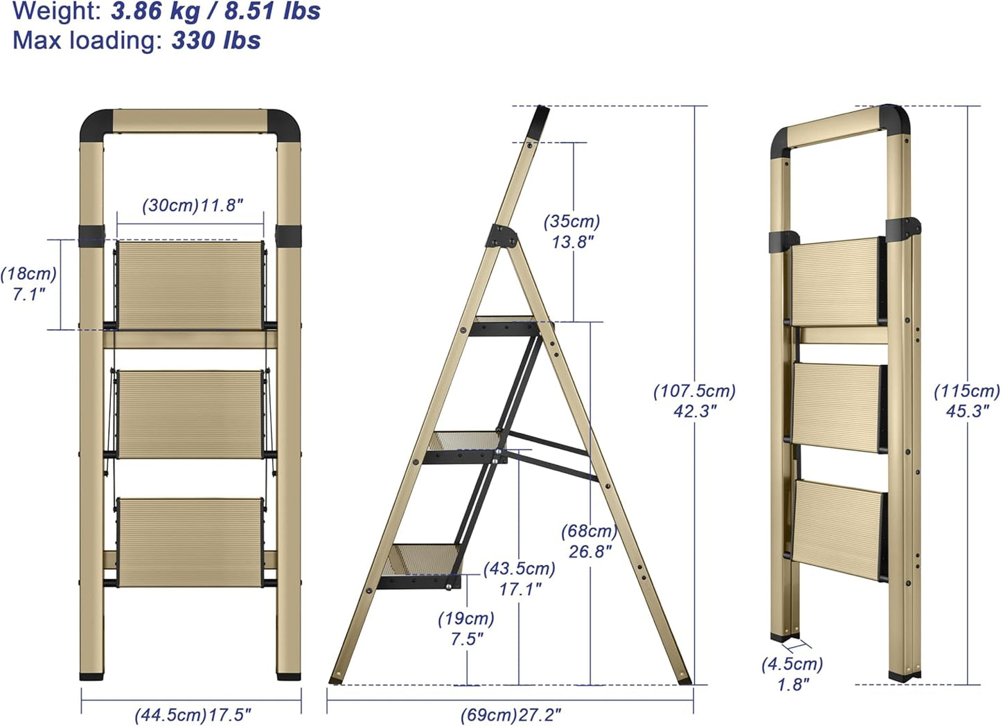 Step Ladder Folding 3-Step Champagne Gold Finish Aluminum Foldable Step Ladders,Anti-Slip for Home & Kitchen Office 330 lbs