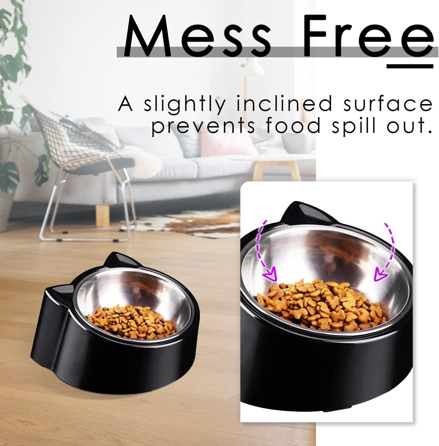 Tilted Cat Feeder Bowl, 15 Slanted, Orthopedic, Anti-Vomiting, Spill Proof, Raised, Stainless Steel, Tilted Angled Cat Food Bowl, Black