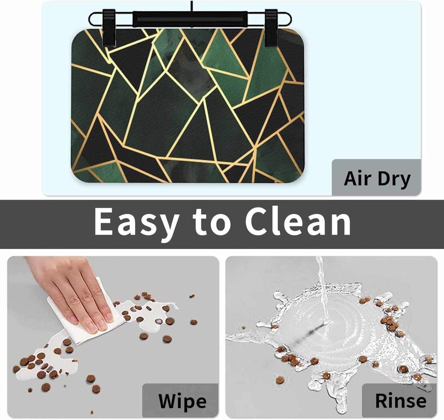 Black and Gold Geometric Pet Feeding Mat 40x60cm Absorbent Leather Dog Cat Food Mats Non-Slip Dog Bowl Mats for Food and Water, Quick Dry Pets Placemats for Cats and Dogs Water Bowl