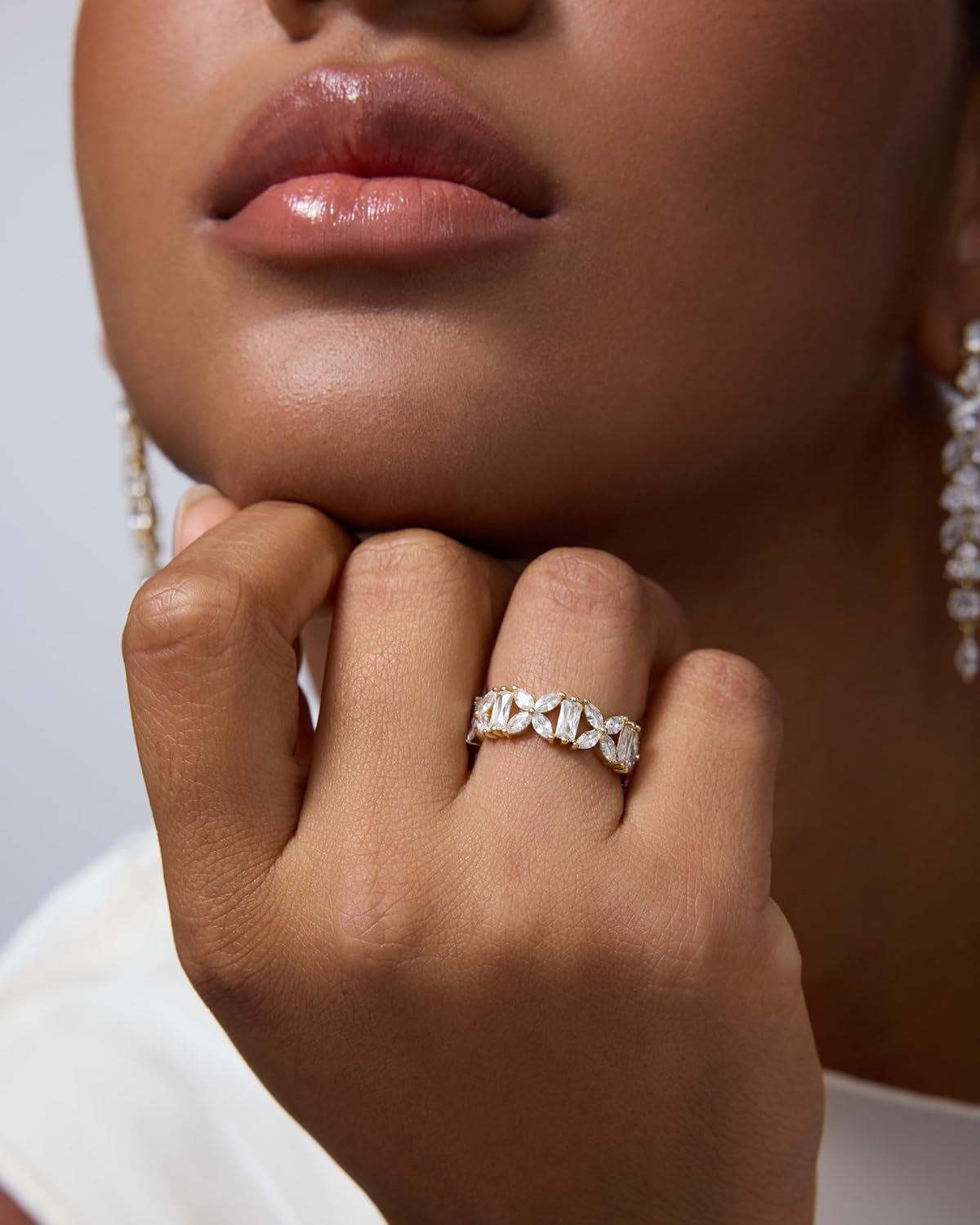 PAVOI 14K Gold Plated Marquise Eternity Rings for Women - Cubic Zirconia Chunky Stackable Wedding Ring - Statement Baguette CZ Gold Wedding Bands for Women - Promise Band Bridal Jewelry