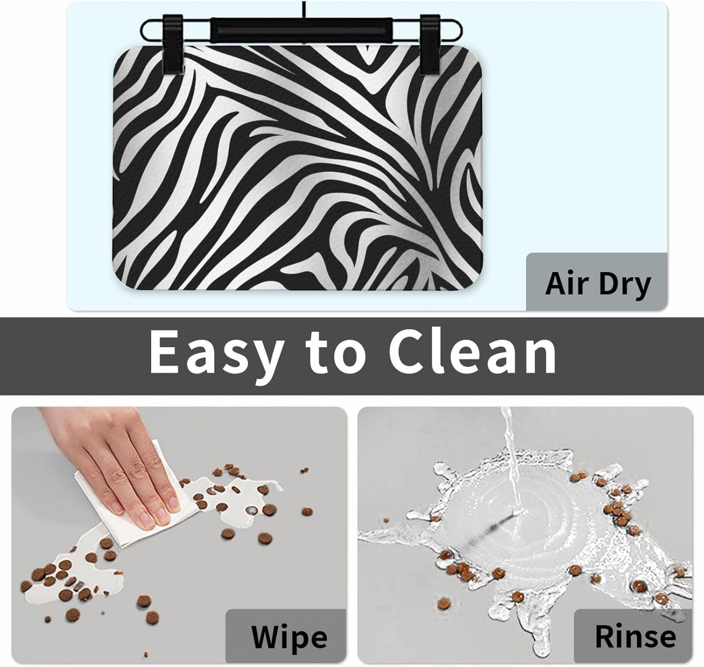 Pet Feeding Mat Leather Dog Food Mat Waterproof Pet Tablecloth Zebra Print Pet Placemat for Dogs Absorbent Dog Bowl Mat Anti-Slip Dogs Mats for Food and Water