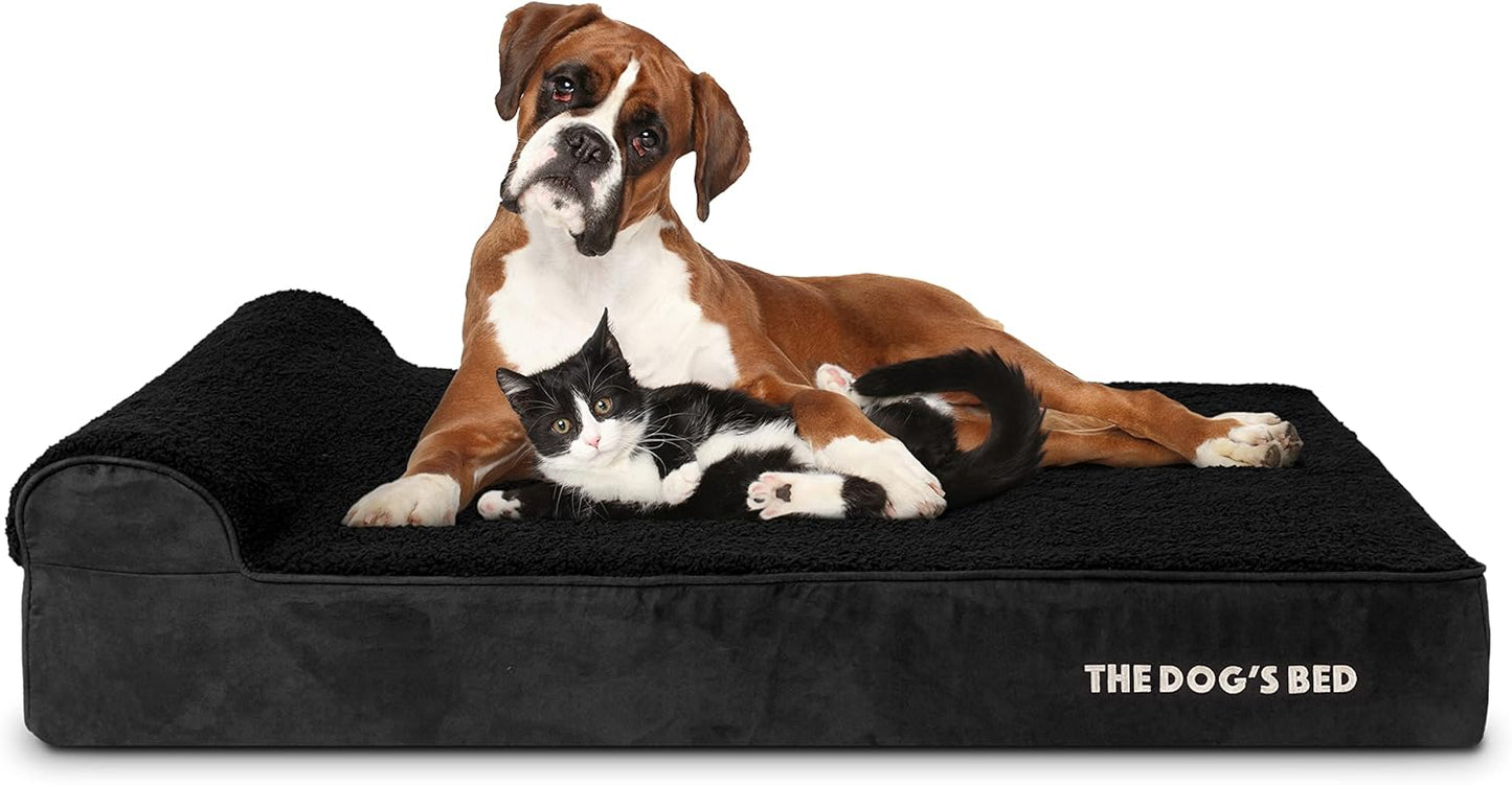 The Dog’s Bed Orthopedic Memory Foam Dog Bed with Headrest, Plush Fabric, Black Plush, XL, 6-Inch