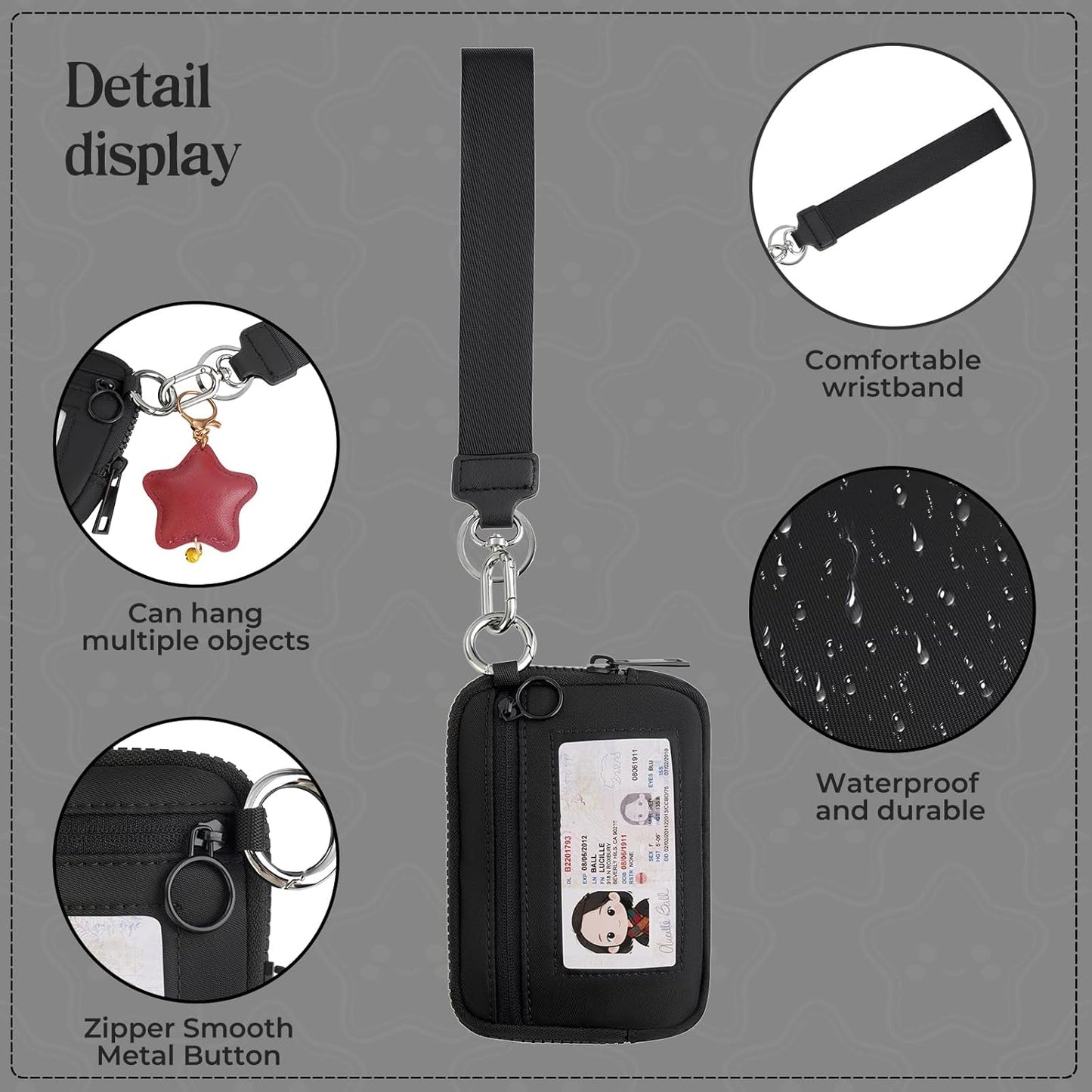 KeyChain Wallet Wristlet Wallets For Women Iris Wallet Zip Card Case with ID Window (black)