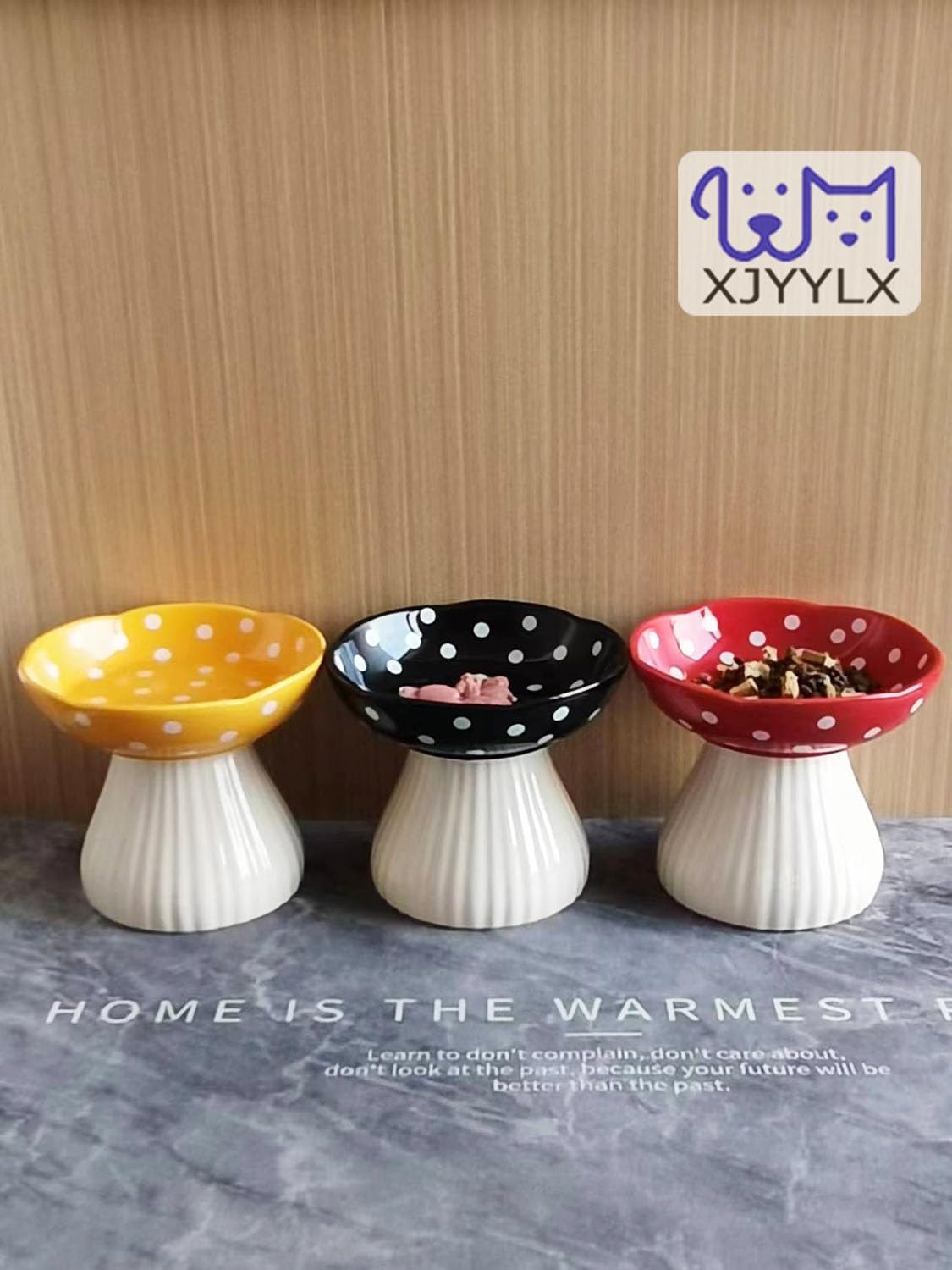 Elevated Mushroom Cat Bowls Ceramic, Raised Cat Bowls for Indoor Cats, Cute Whisker Fatigue Cat Bowl, Raised Dog Bowl Stand for Food and Water, Black 6" Wide for Adult Cats