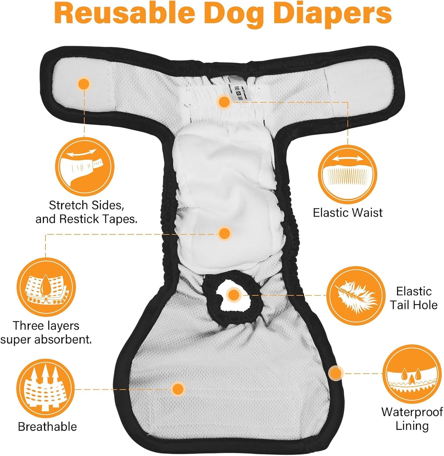 Washable Female Dog Diapers 3 Pack Premium Reusable Diapers for Dog in Heat - Highly Absorbent for Untrained Puppies, Dogs in Heat, Doggie Menstrual and Incontinence S - A