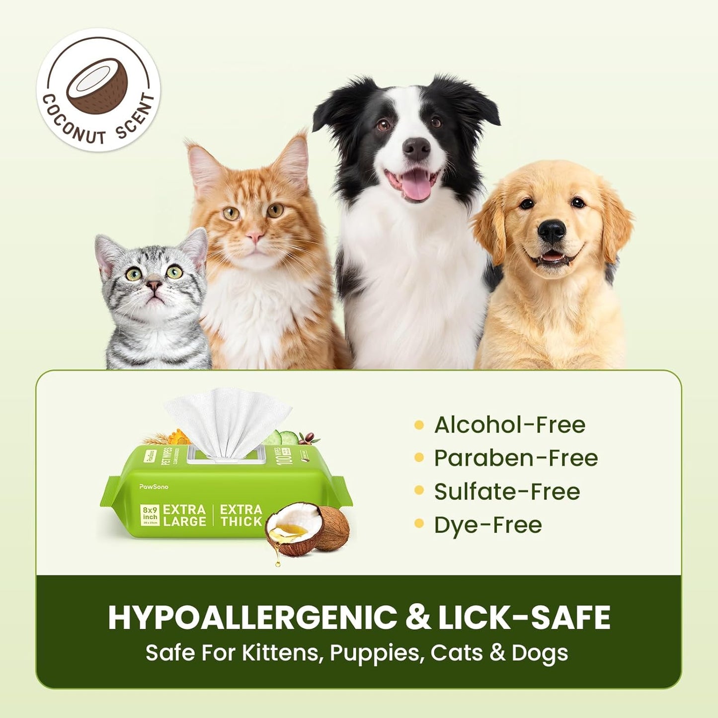 Hypoallergenic Pet Wipes for Dogs & Cats – Quick Clean & Deodorize Paws, Butt, Eyes, Ears, Face & Fur | Daily Grooming After Walks and Between Baths | Extra Large & Thick | Coconut Scented, 400 Count