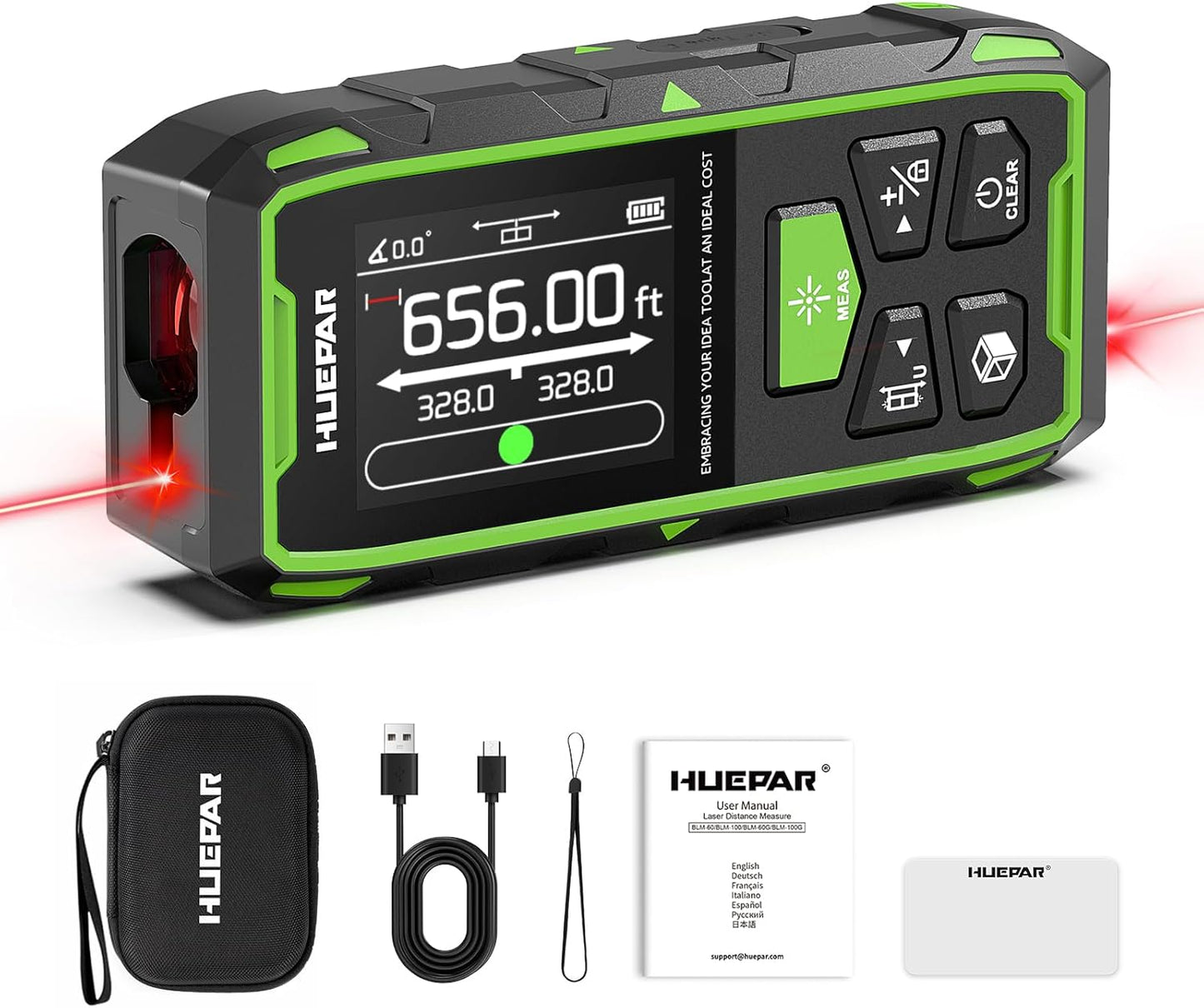 656ft/200M Dual Laser Distance Measuring Tool, Huepar Professional Rechargeable Digital Laser Room Measure Devices, Bilateral Metro Laser Measurement Tool with with Angle Sensor, Magnetic Back
